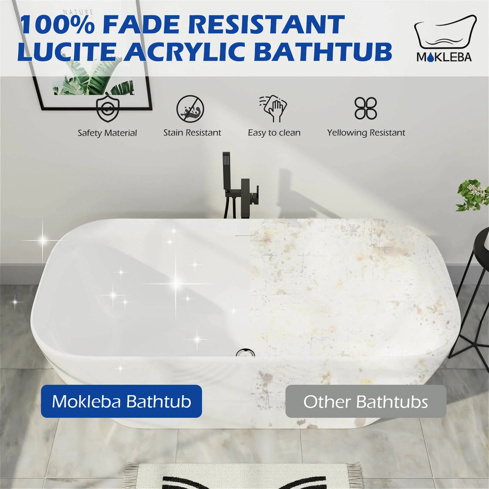 Mokleba 59" Acrylic Flatbottom Modern Freestanding Soaking Bathtub in Glossy White - Image 7