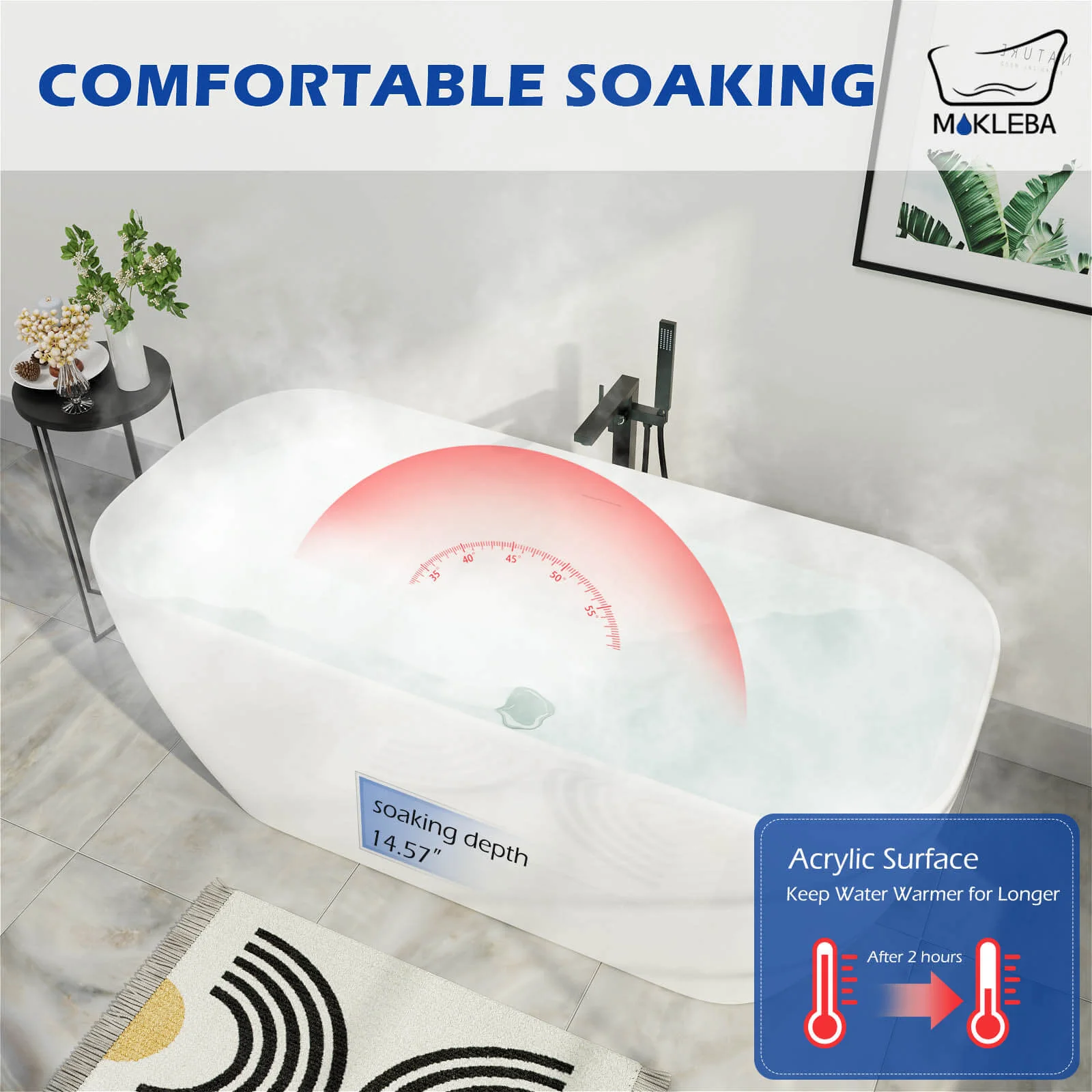 Mokleba 59" Acrylic Flatbottom Modern Freestanding Soaking Bathtub in Glossy White - Image 9
