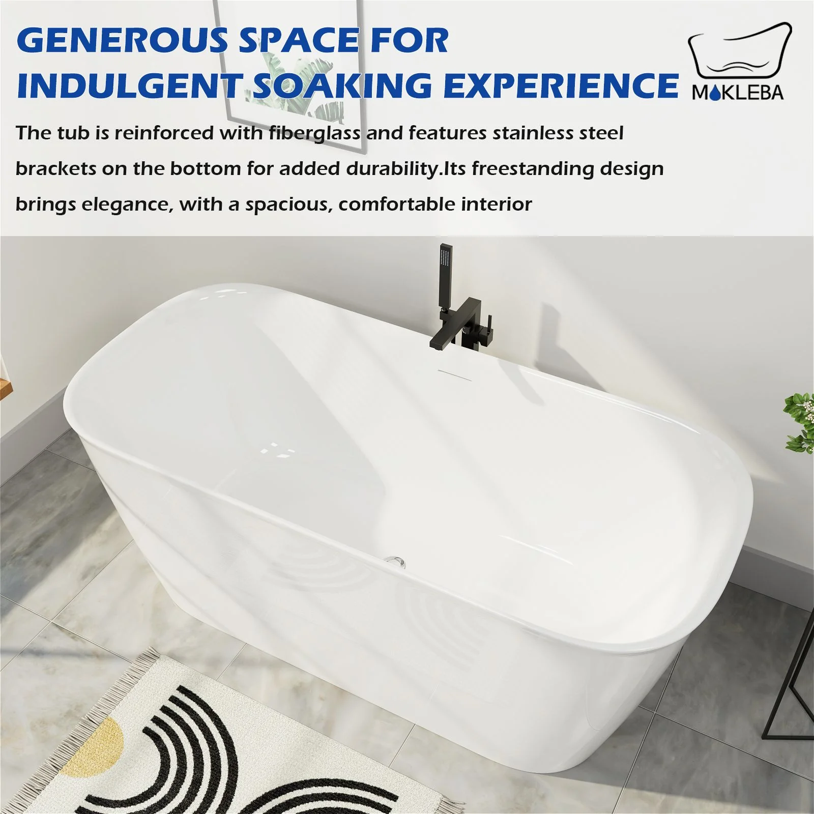 59'' Acrylic Flatbottom Tub Rectangular Center Drain Freestanding Soaking Bathtub - Image 11