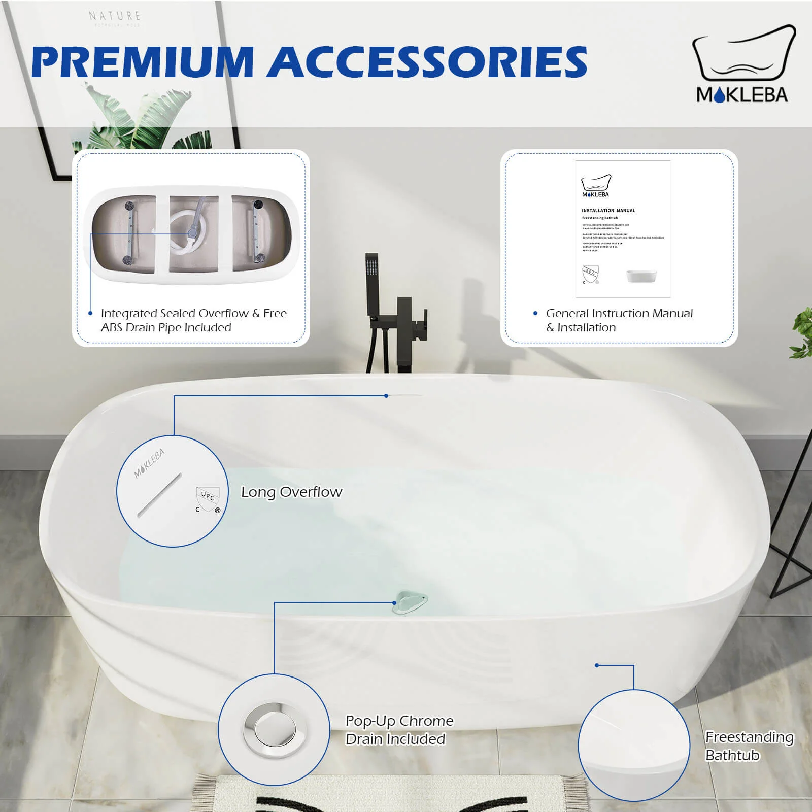 Mokleba 59" Acrylic Freestanding Flatbottom Modern Rectangular Soaking Bathtub - Image 6