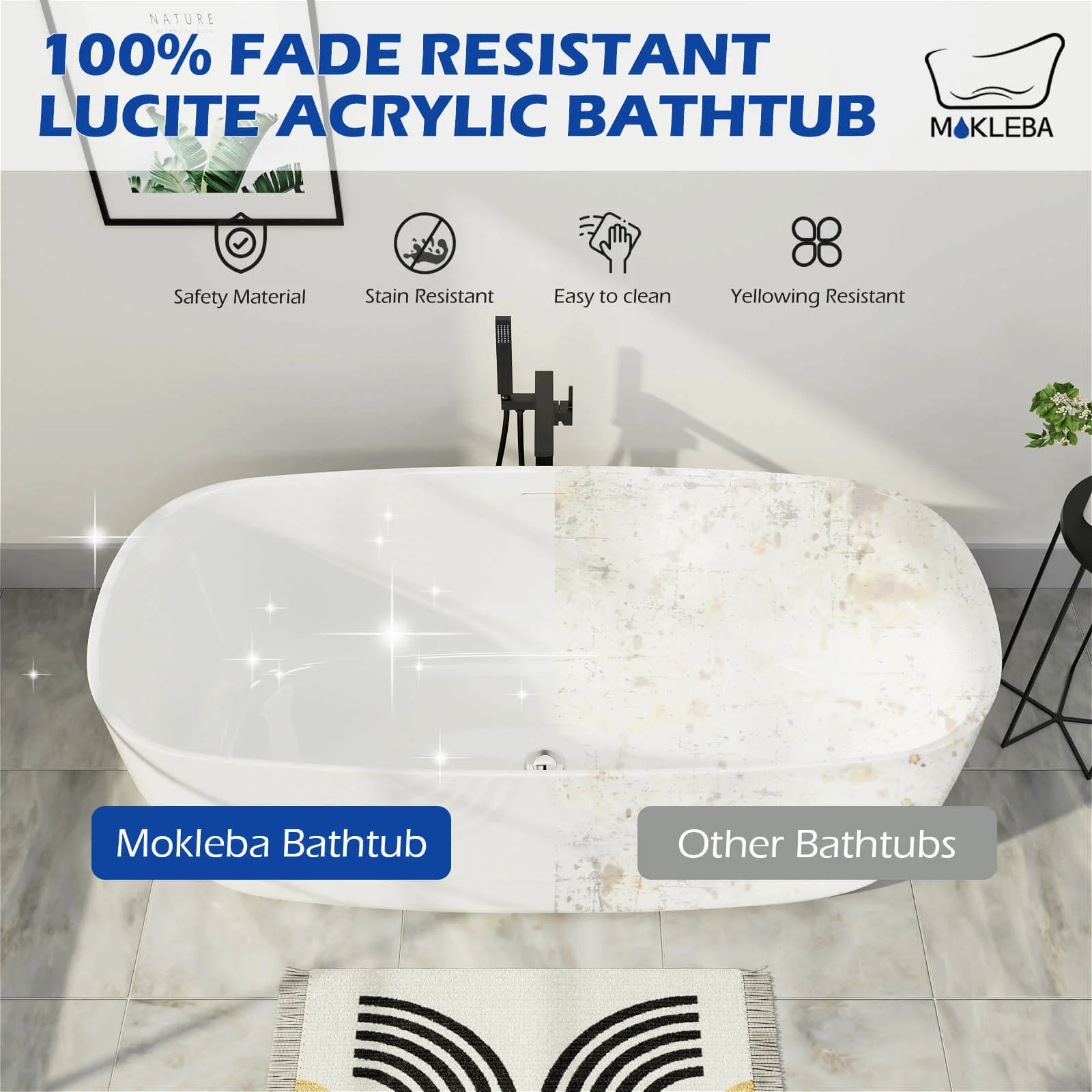 Mokleba 59" Acrylic Freestanding Flatbottom Modern Rectangular Soaking Bathtub - Image 7