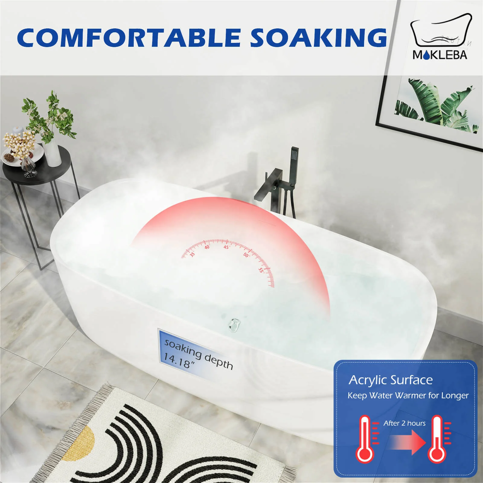 Mokleba 59" Acrylic Freestanding Flatbottom Modern Rectangular Soaking Bathtub - Image 8