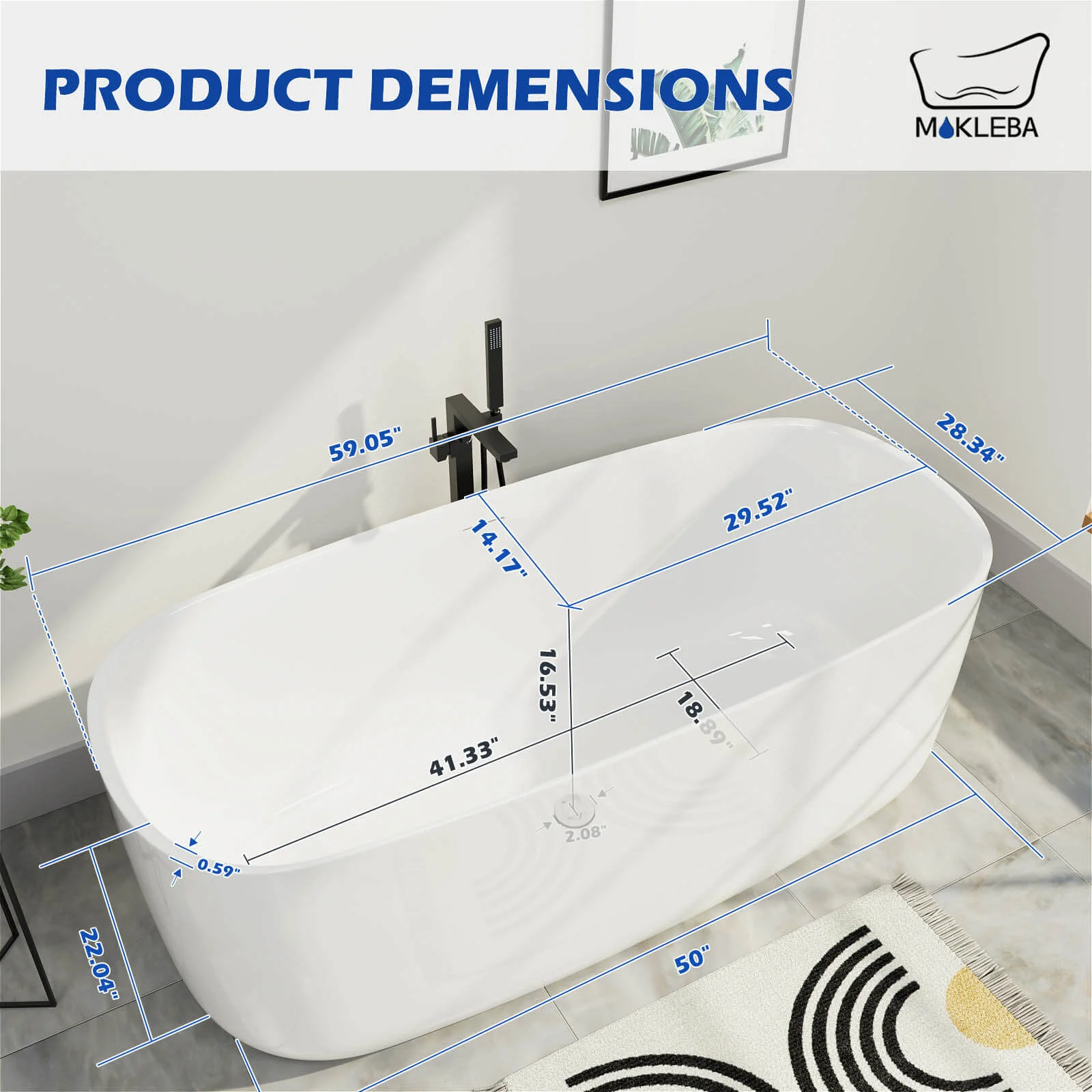 Mokleba 59" Acrylic Freestanding Flatbottom Modern Rectangular Soaking Bathtub - Image 9