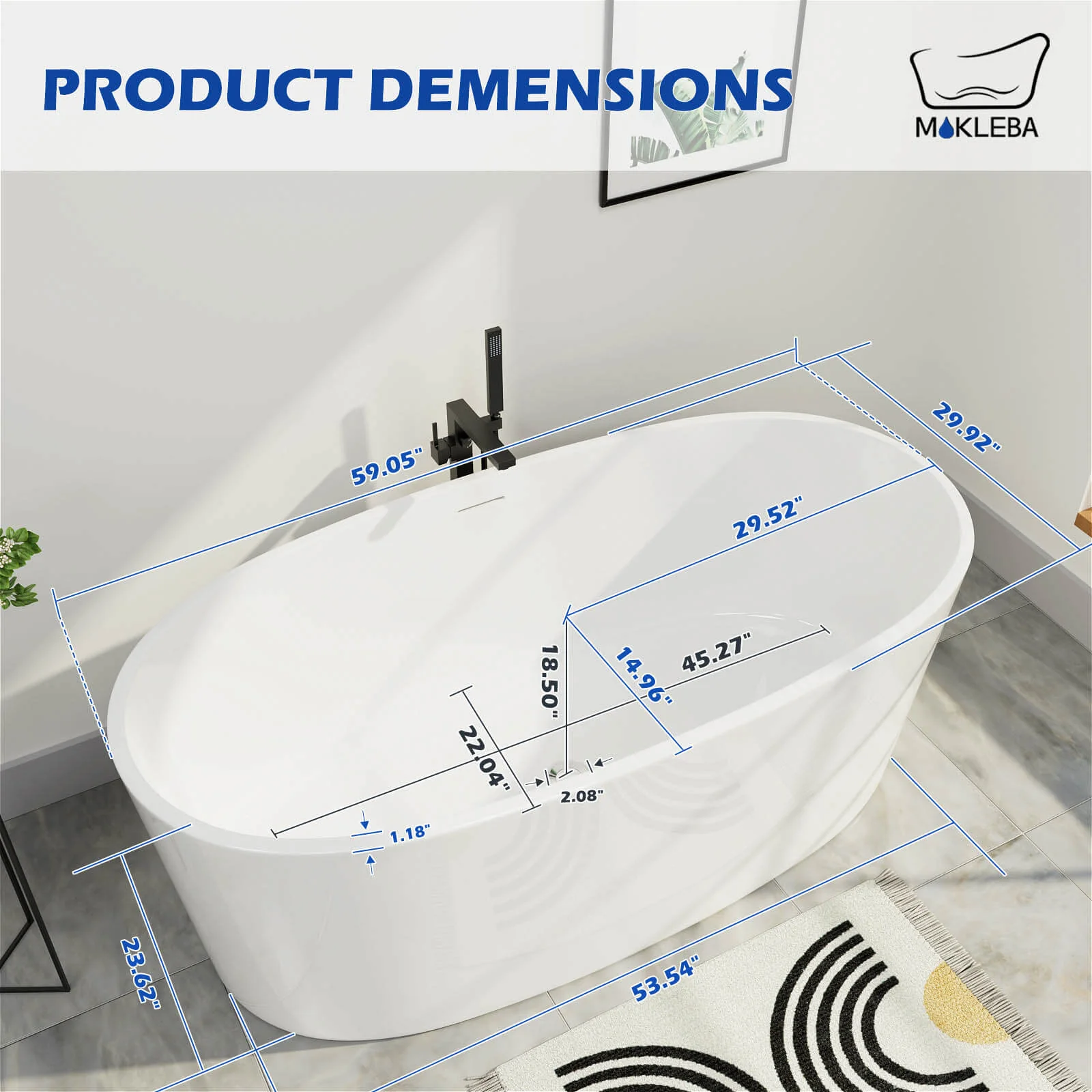 Mokleba 59" Acrylic Modern Bathtub Oval Shape Freestanding Soaking Tub - Image 18