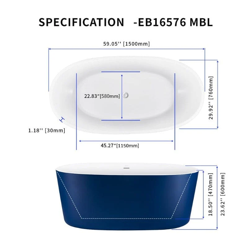 Mokleba 59" Acrylic Modern Bathtub Oval Shape Freestanding Soaking Tub - Image 36