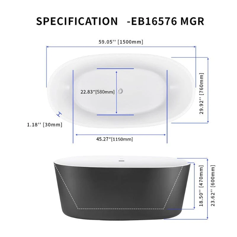 Mokleba 59" Acrylic Modern Bathtub Oval Shape Freestanding Soaking Tub - Image 8