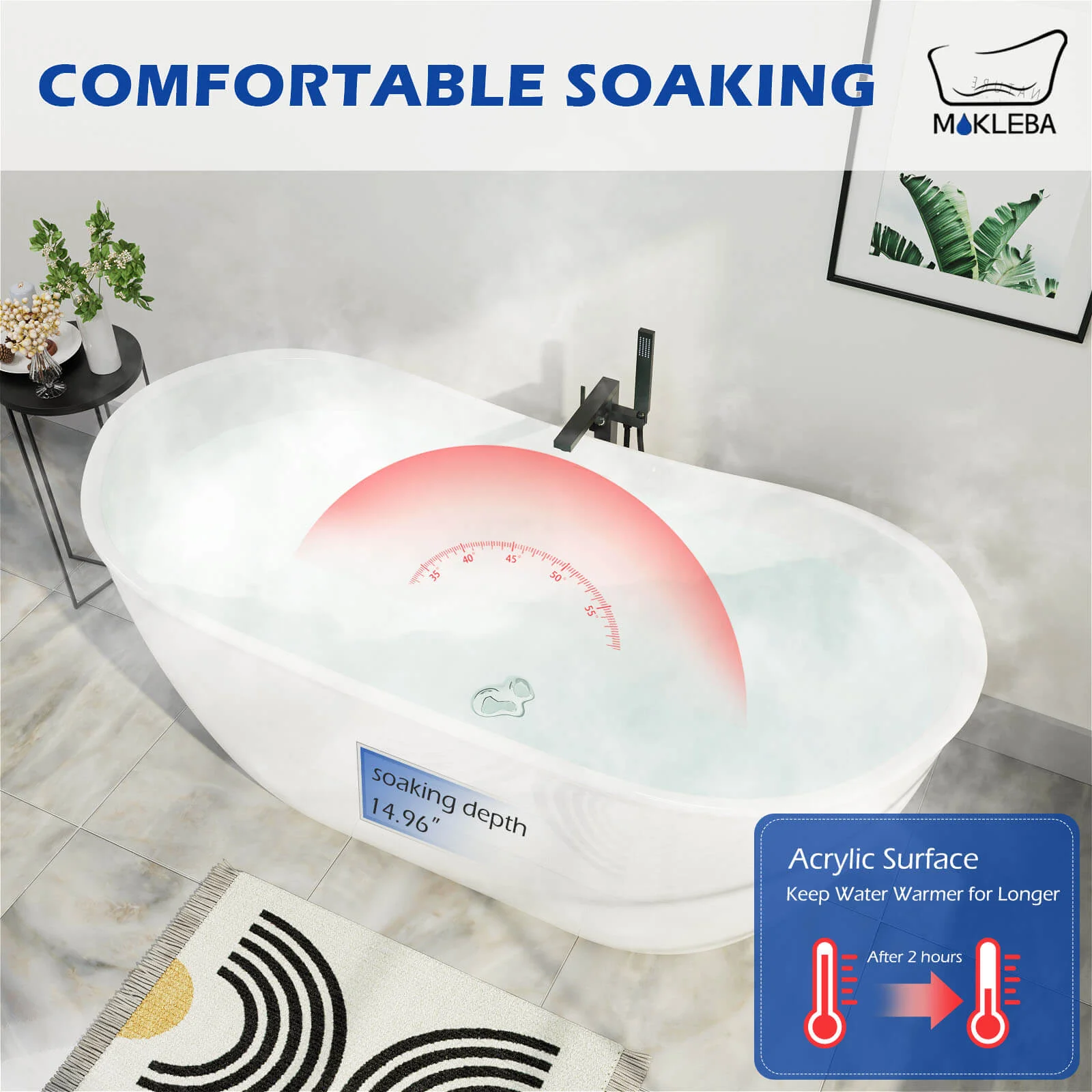Mokleba 59" Acrylic Double Slipper Freestanding Bathtub Deep Soaking Tub - Image 10