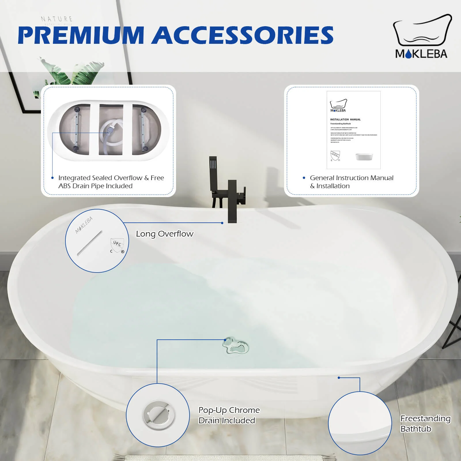 Mokleba 59" Acrylic Double Slipper Freestanding Bathtub Deep Soaking Tub - Image 11