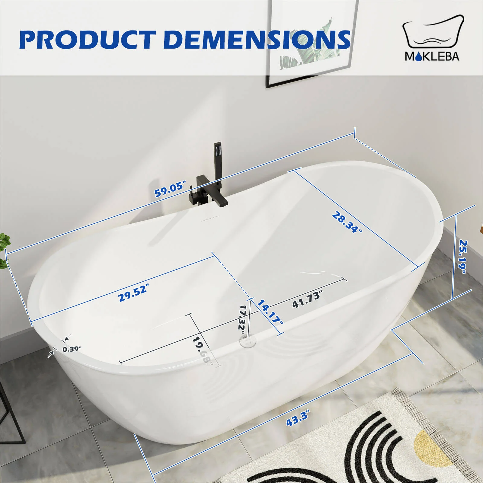 Mokleba 59" Acrylic Double Slipper Freestanding Bathtub Deep Soaking Tub - Image 12