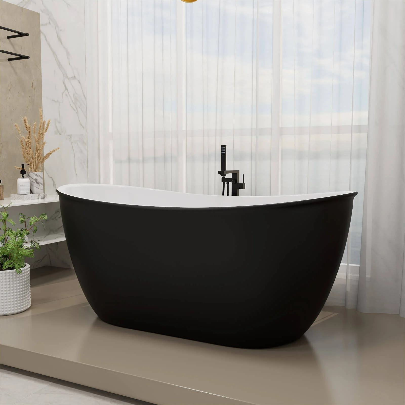 Mokleba 59" Acrylic Double Slipper Freestanding Bathtub Deep Soaking Tub - Image 16