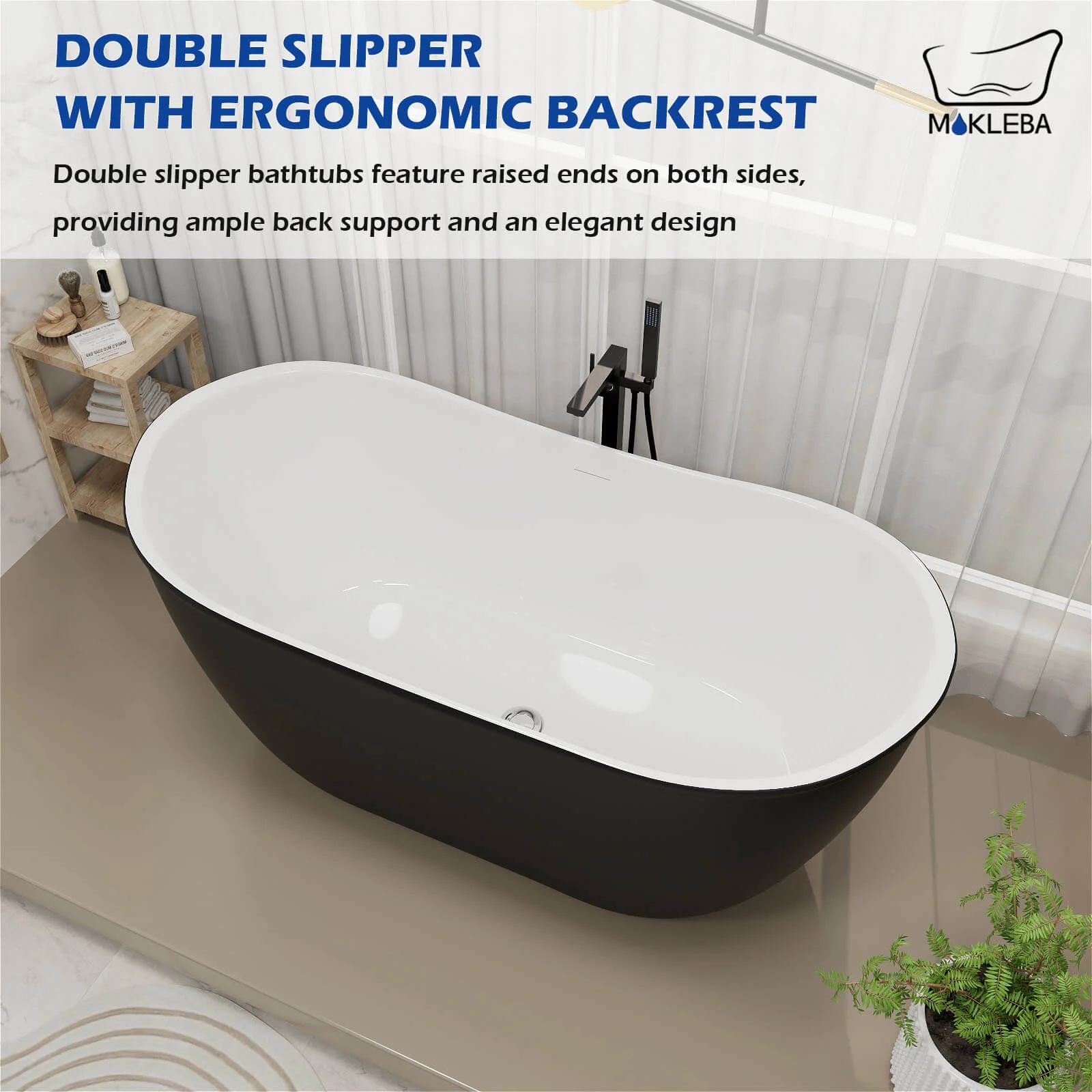 Mokleba 59" Acrylic Double Slipper Freestanding Bathtub Deep Soaking Tub - Image 20
