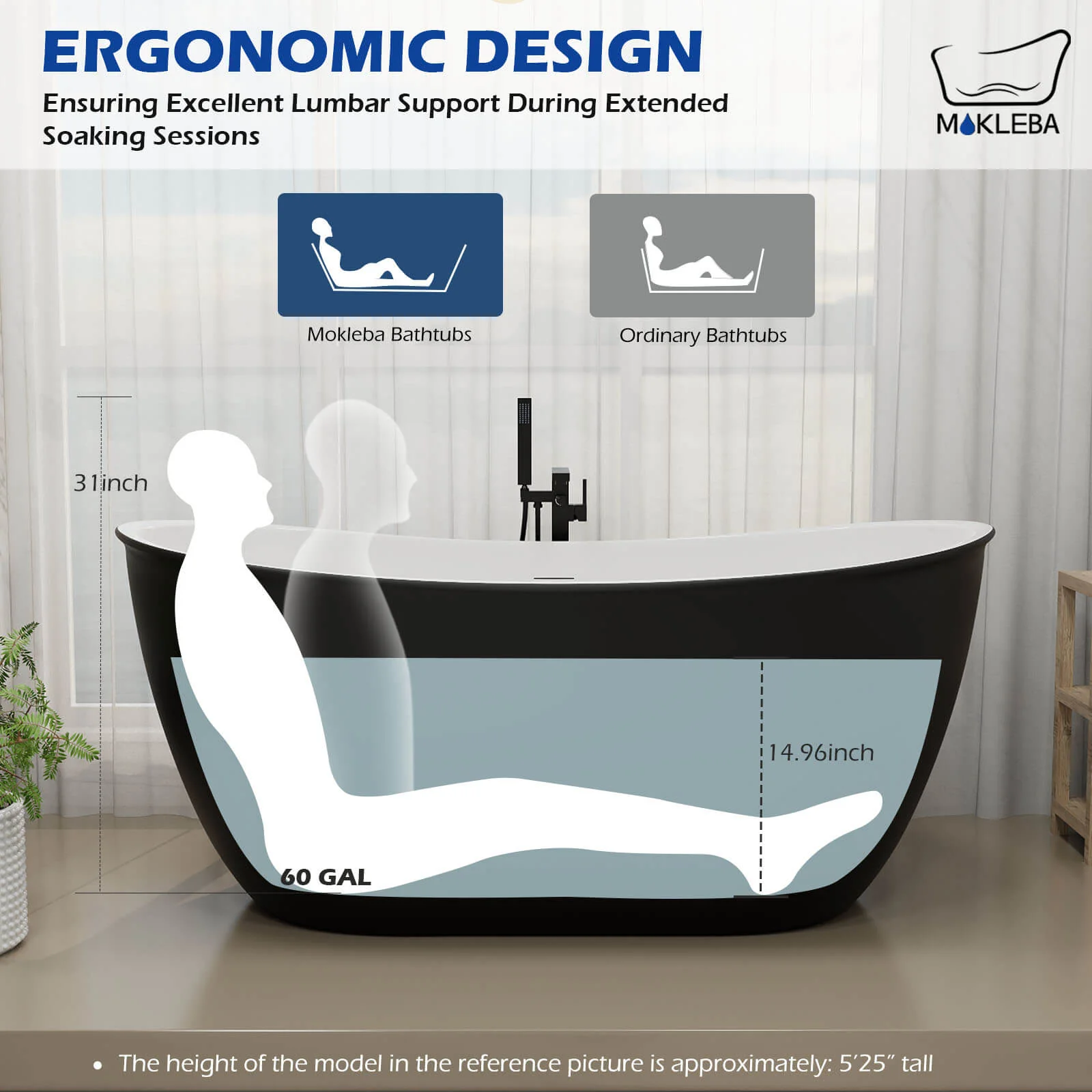 Mokleba 59" Acrylic Double Slipper Freestanding Bathtub Deep Soaking Tub - Image 22