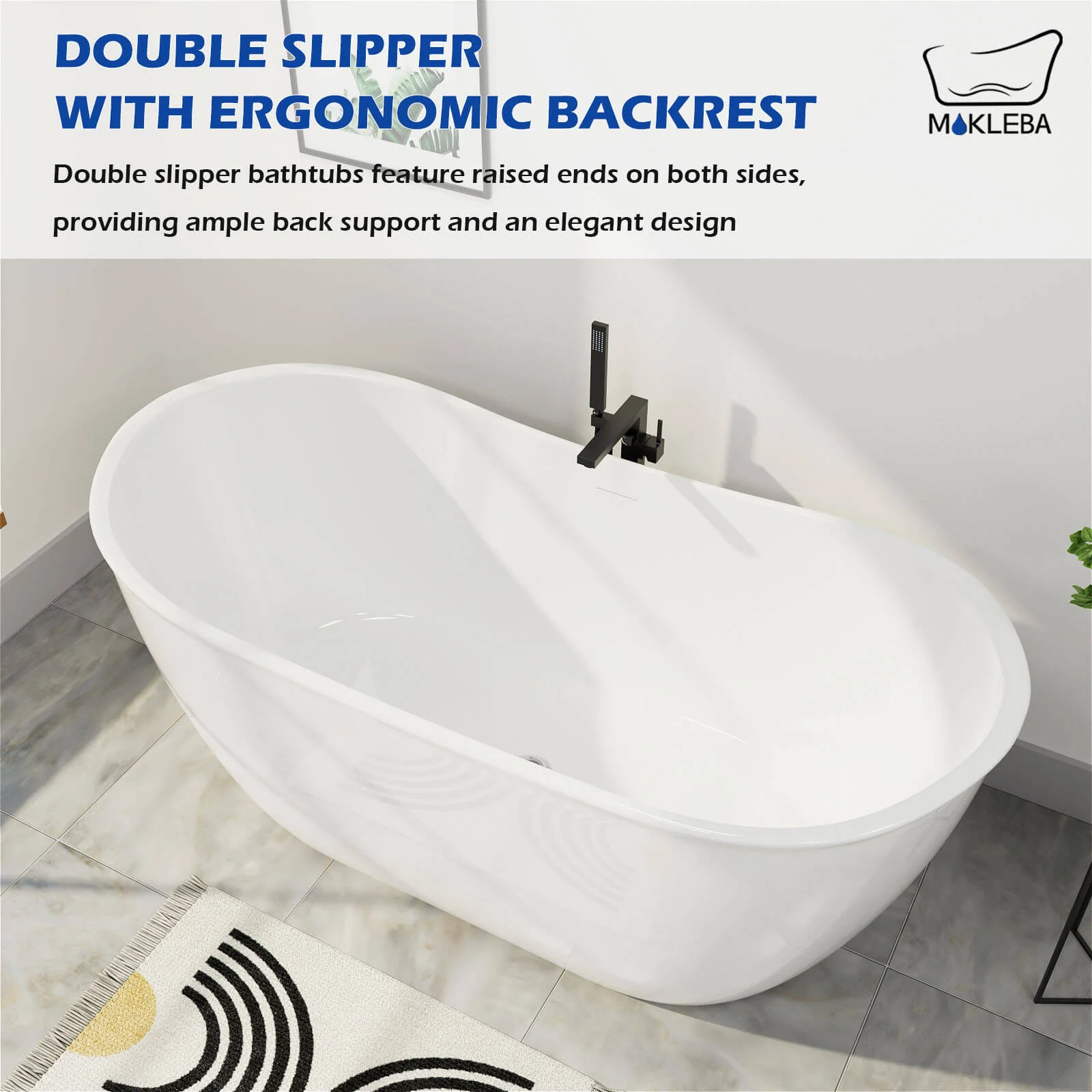 Mokleba 59" Acrylic Double Slipper Freestanding Bathtub Deep Soaking Tub - Image 6