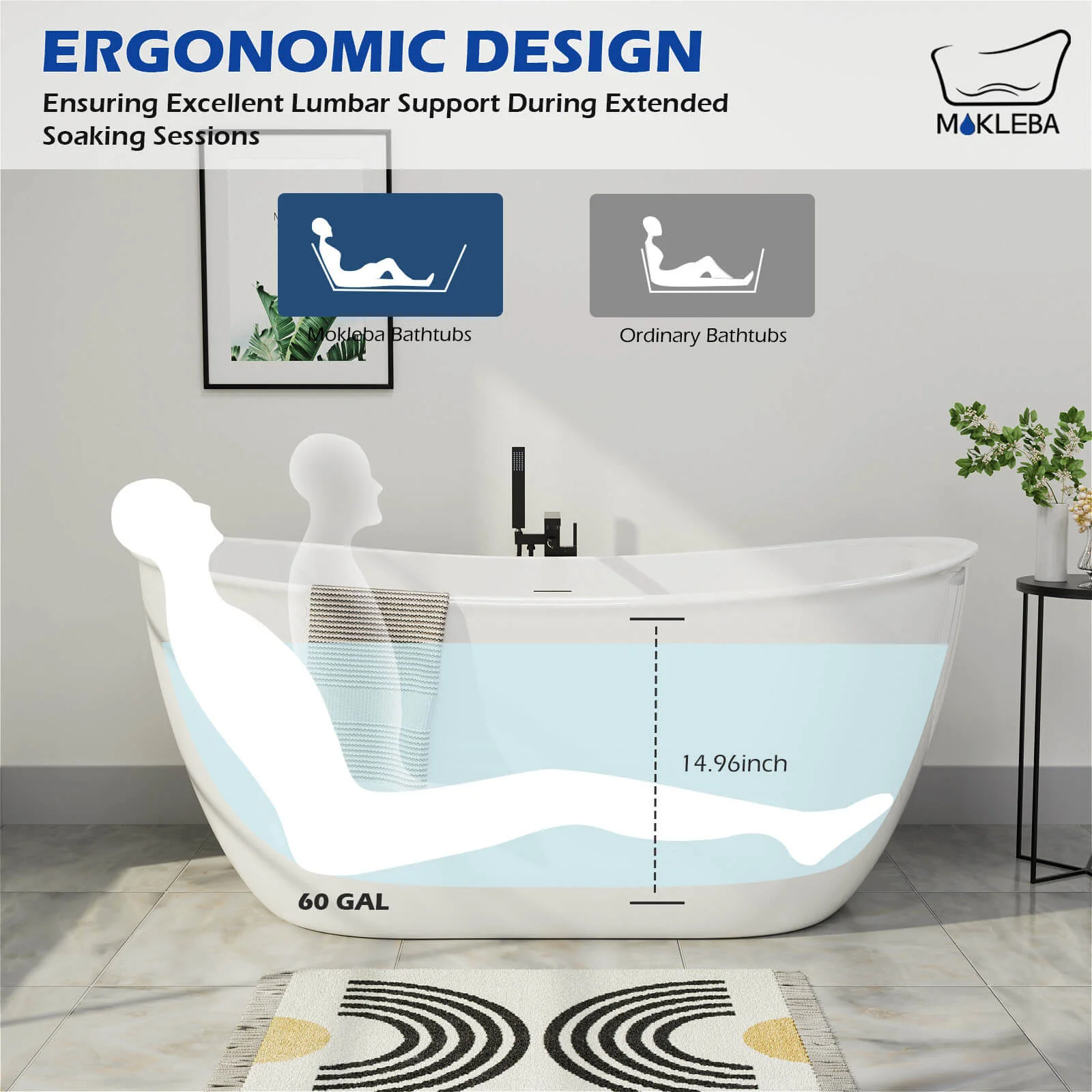 Mokleba 59" Acrylic Double Slipper Freestanding Bathtub Deep Soaking Tub - Image 8