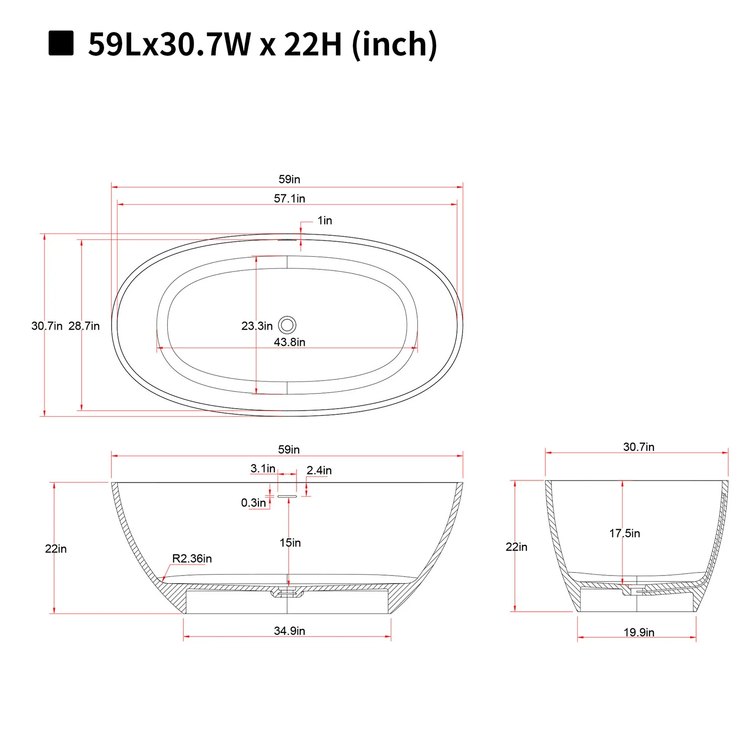 59" Beige Seamless Solid Surface Bathtub - Image 6