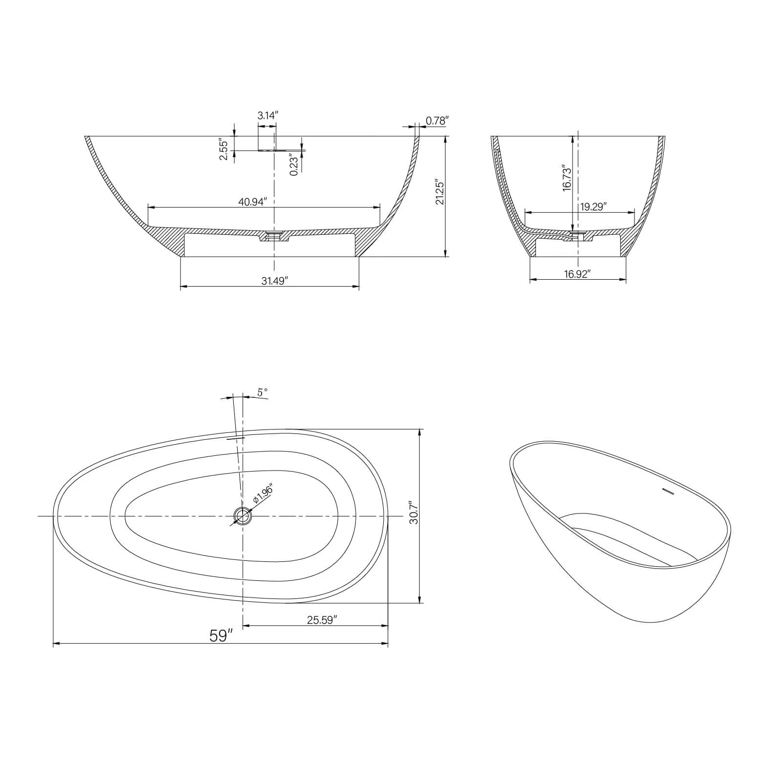 59" Oriental Style Freestanding Tub – Luxury Solid Surface Bathtub with Ink-Wash Finish - Image 7