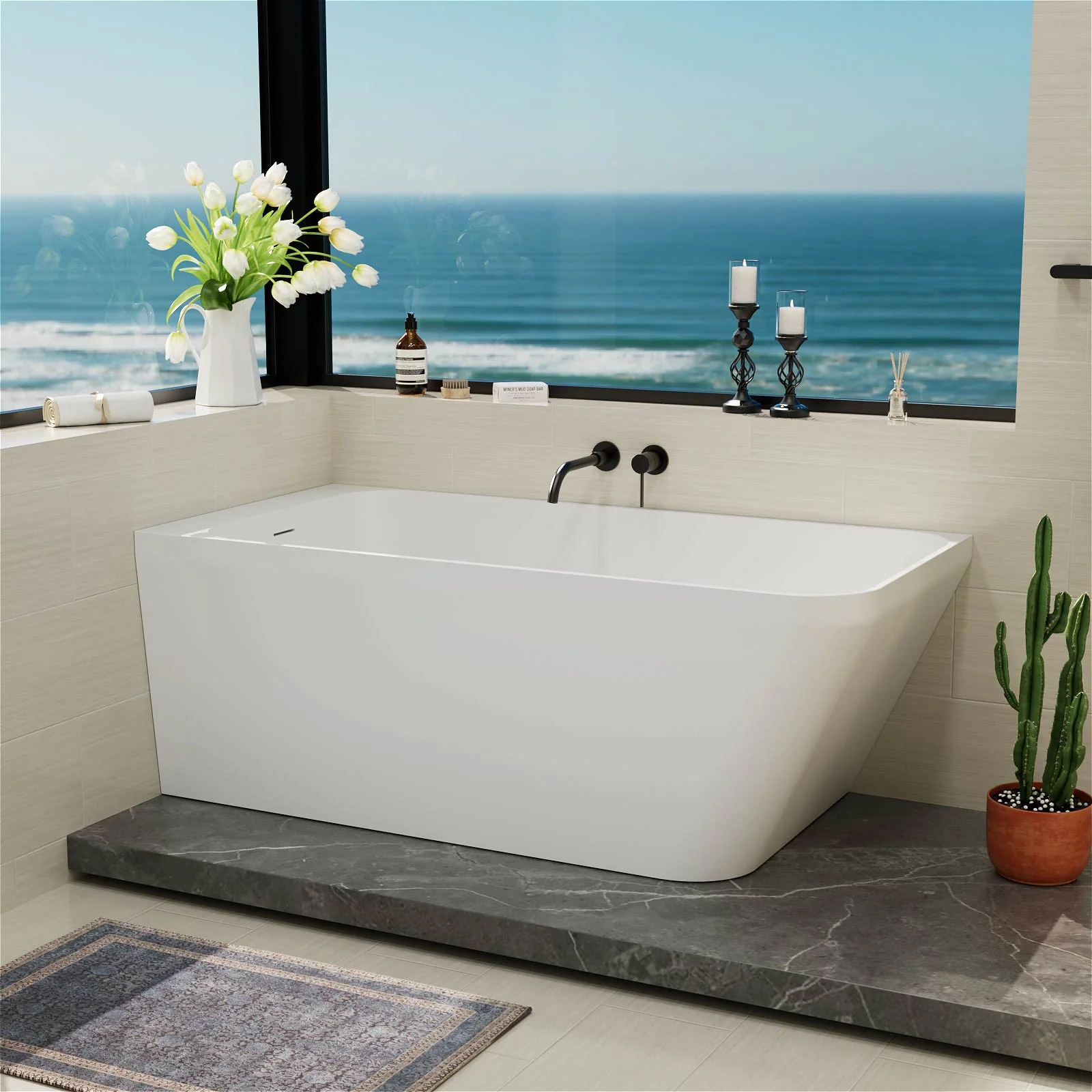 59" Corner Solid Surface Bathtub Two Sided Wall Fit - Image 2