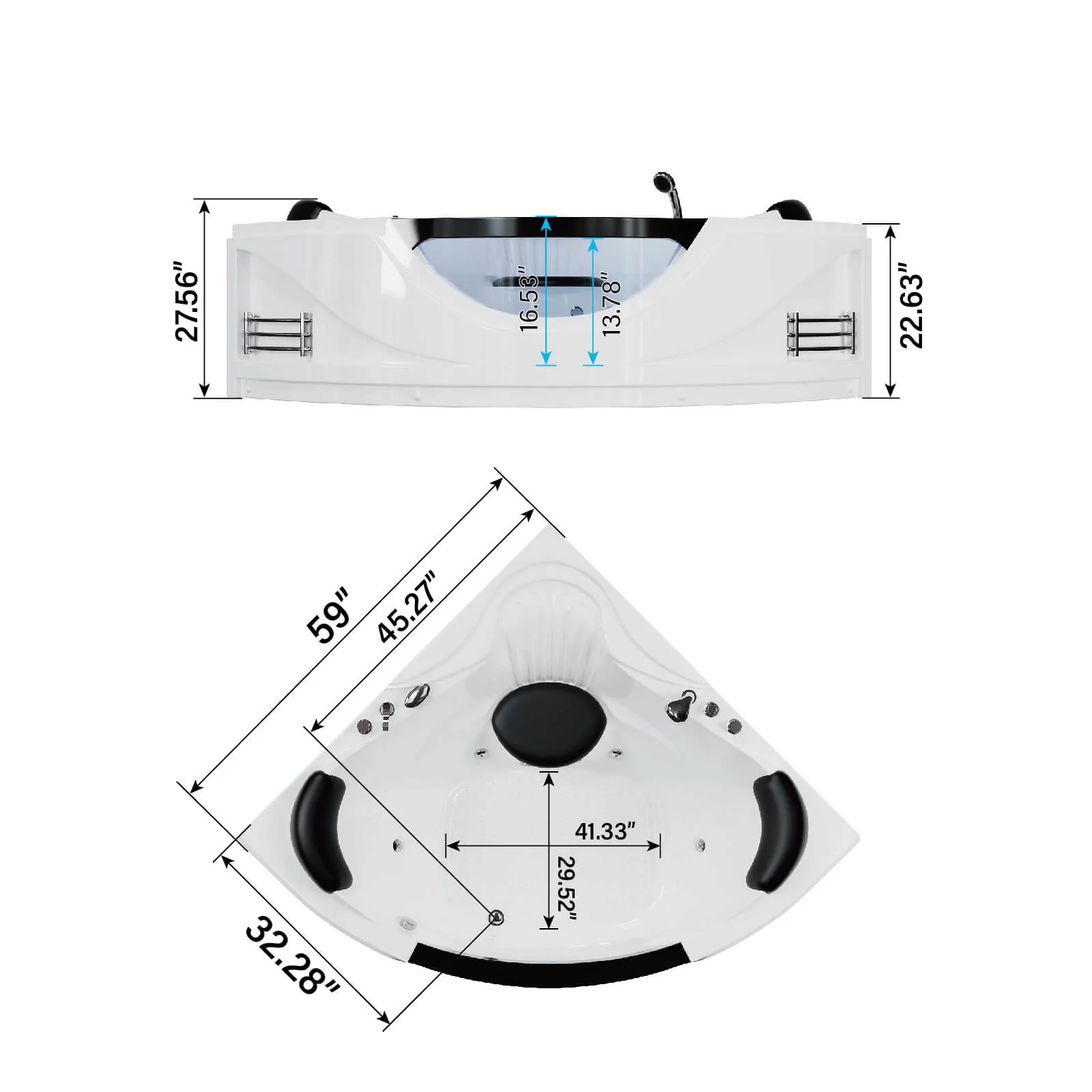 59" Corner Whirlpool Tub for 2 Person with 6 Jets, Hydro Massage & Chromotherapy Lights - Image 11