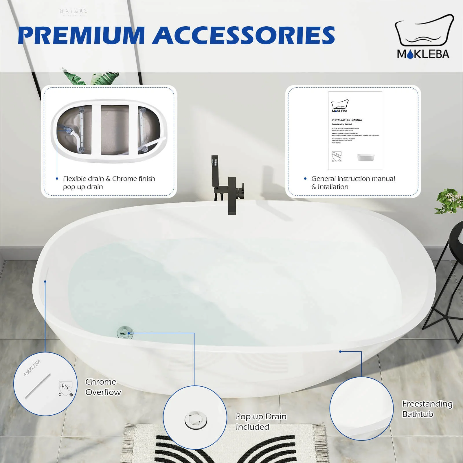 Mokleba 59" Acrylic Egg Shape Free Standing Tub for Bathroom - Image 9
