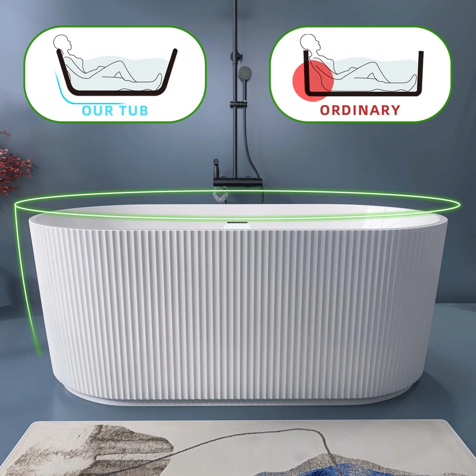 59" Acrylic Fluted Deep Soaking Bathtub - Image 3