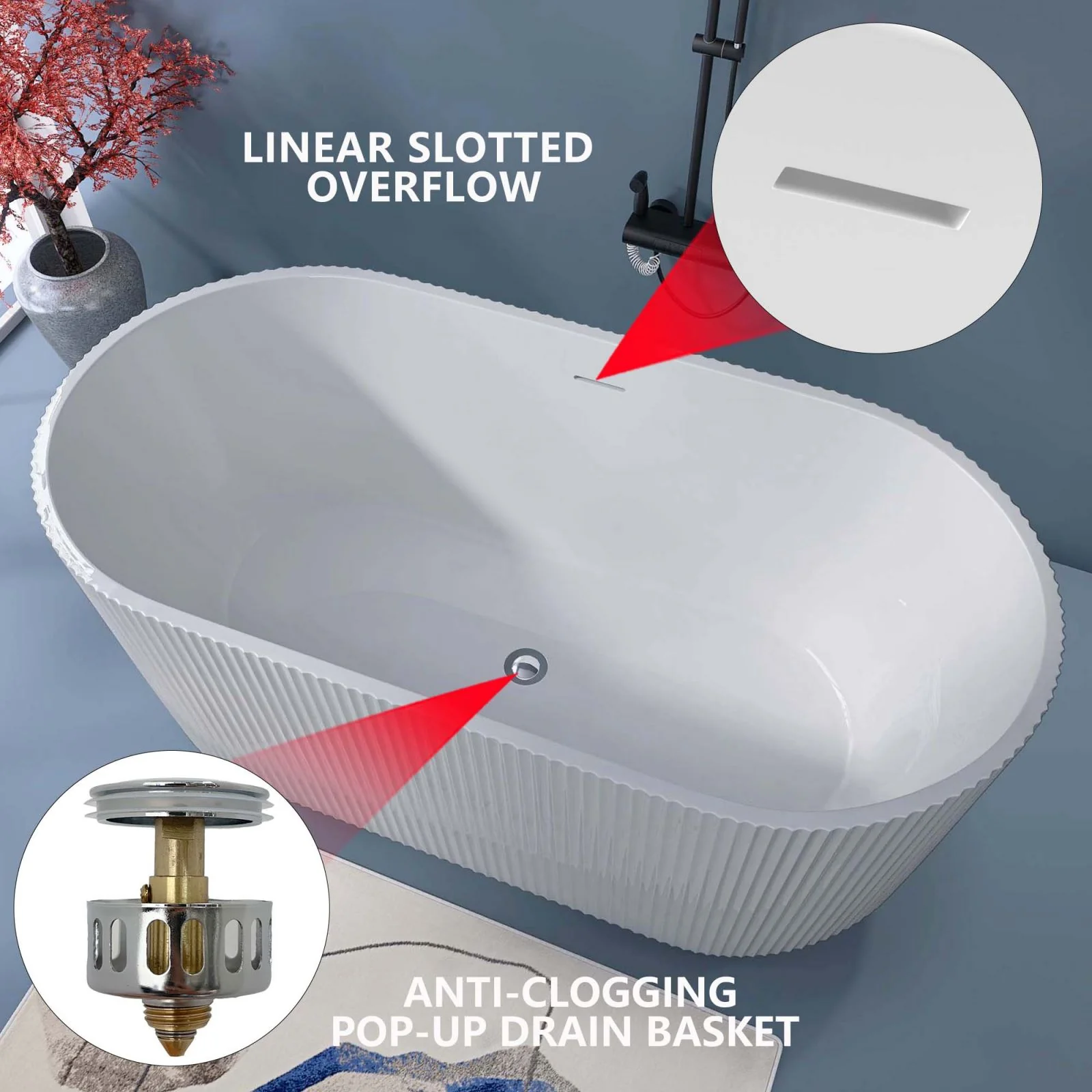 59" Acrylic Fluted Deep Soaking Bathtub - Image 8