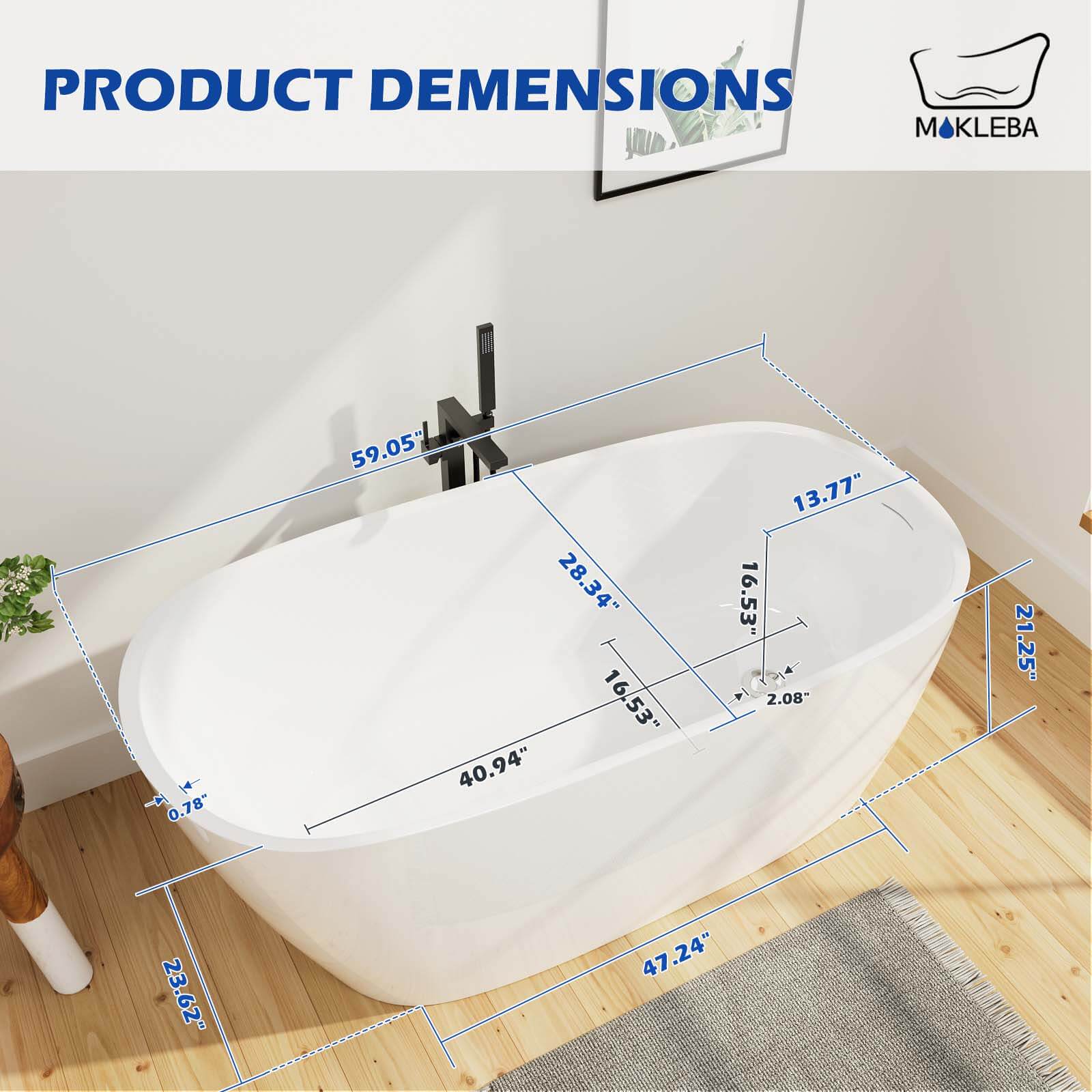 Mokleba 59" Acrylic Single Slipper Bathtub, Modern Style, Color Consistency, Exclusive Patent - Image 11