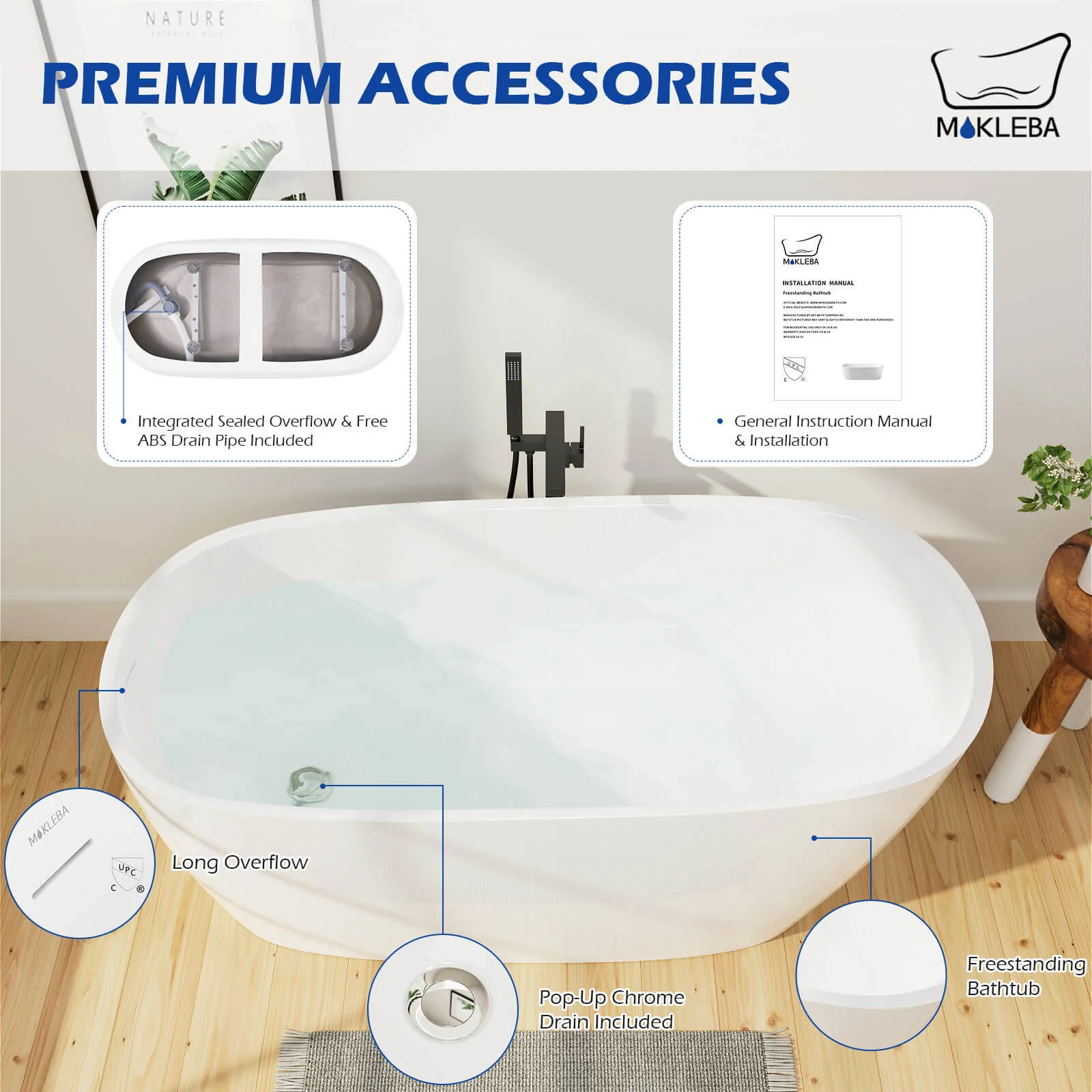Mokleba 59" Acrylic Single Slipper Bathtub, Modern Style, Color Consistency, Exclusive Patent - Image 7