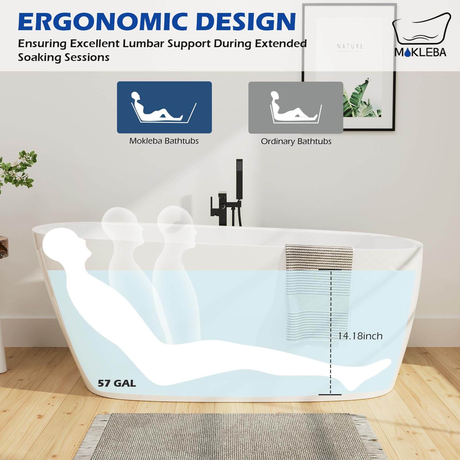 Mokleba 59" Acrylic Single Slipper Bathtub, Modern Style, Color Consistency, Exclusive Patent - Image 8