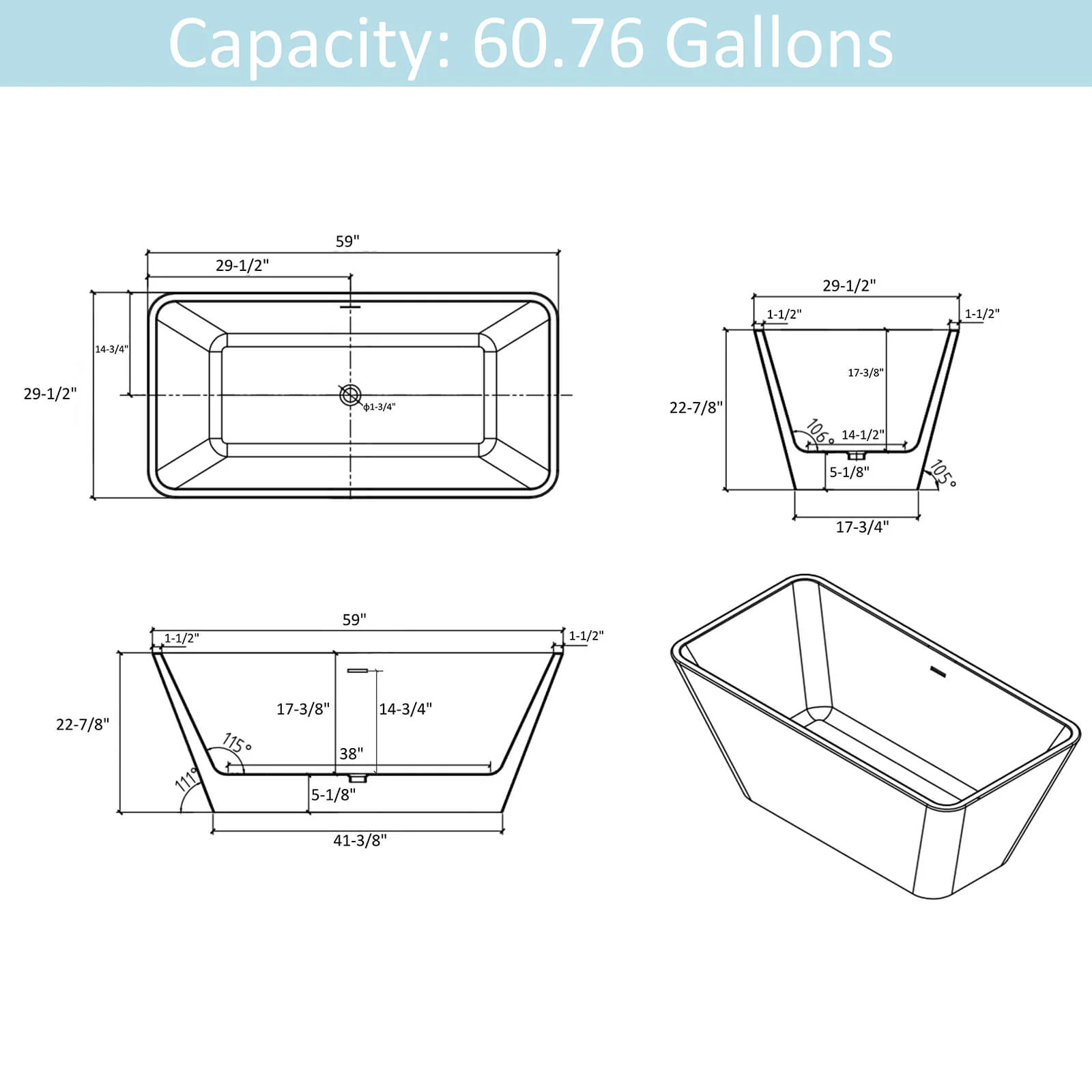 59" Acrylic Soaking Tub with Brushed Nickel Overflow - Image 9