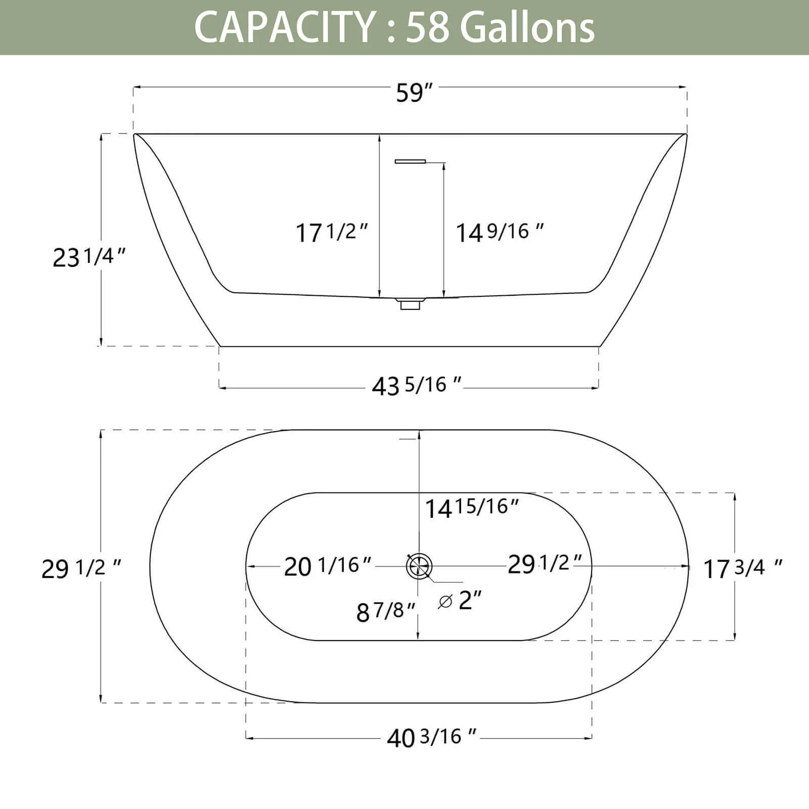 59" Anti-Clog Classic Oval Acrylic Bathtub - Image 13