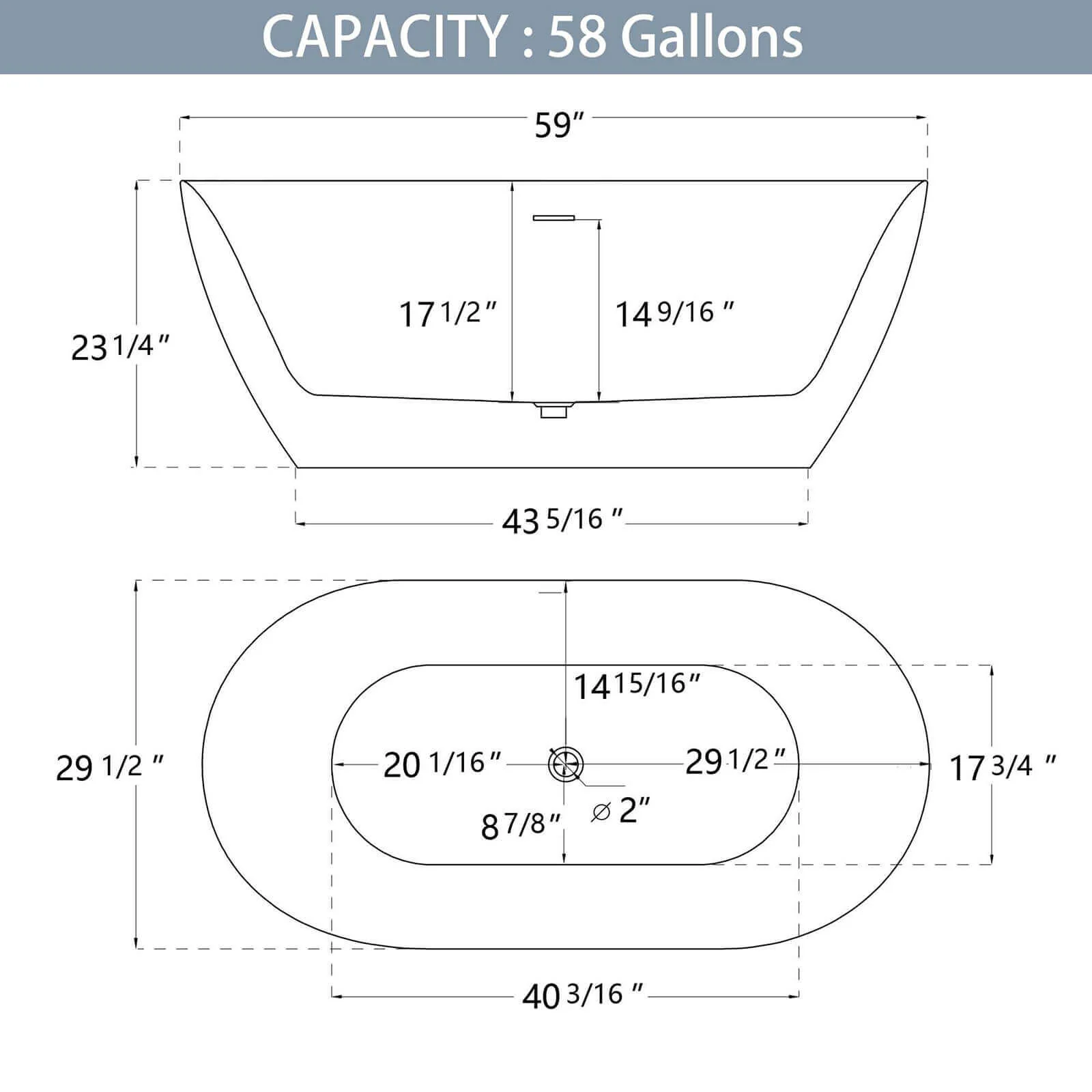 59" Anti-Clog Classic Oval Acrylic Bathtub - Image 25