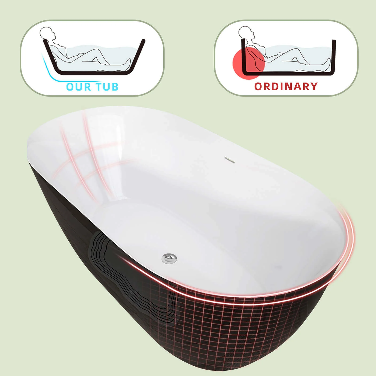 59" Anti-Clog Classic Oval Acrylic Bathtub - Image 5