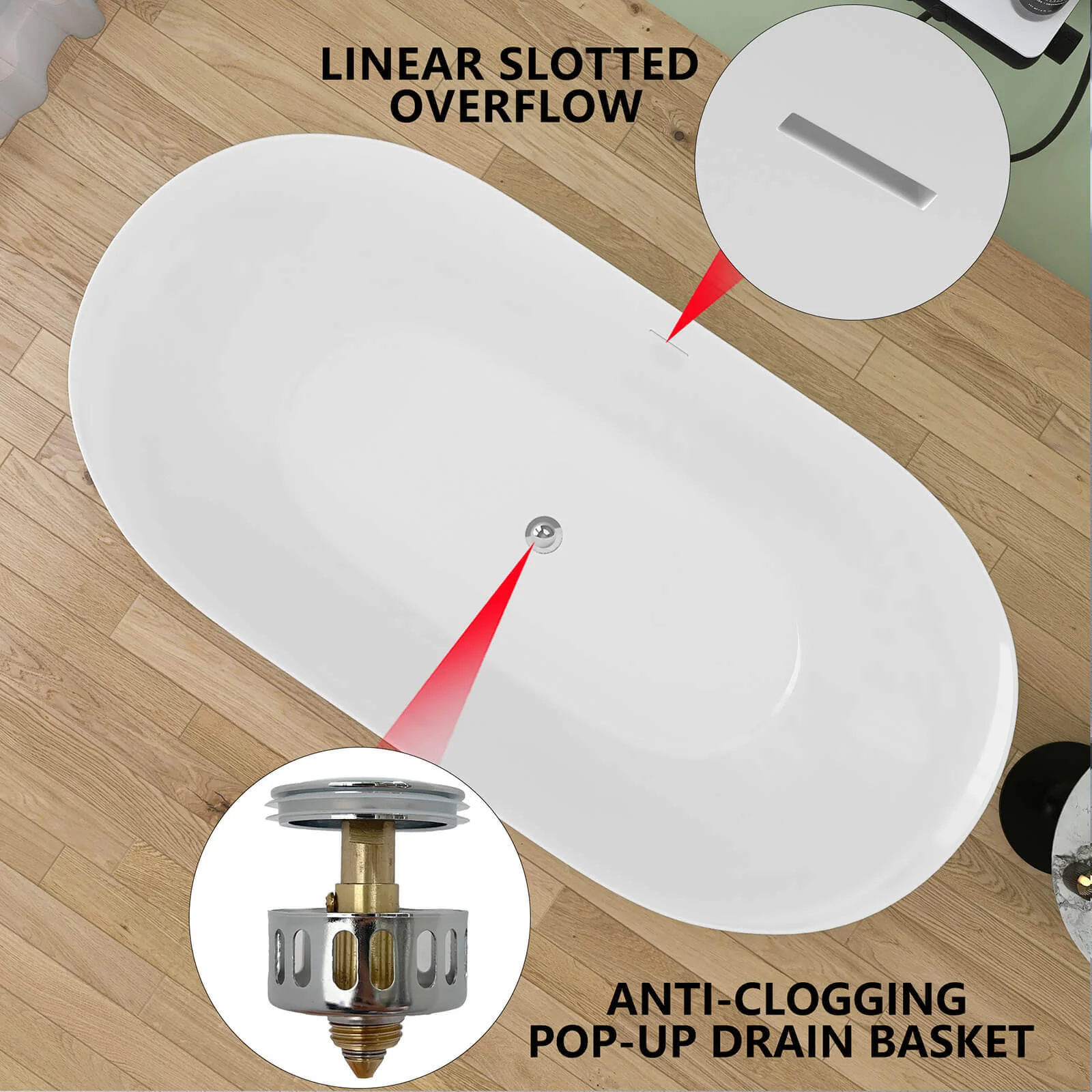 59" Anti-Clog Classic Oval Acrylic Bathtub - Image 9
