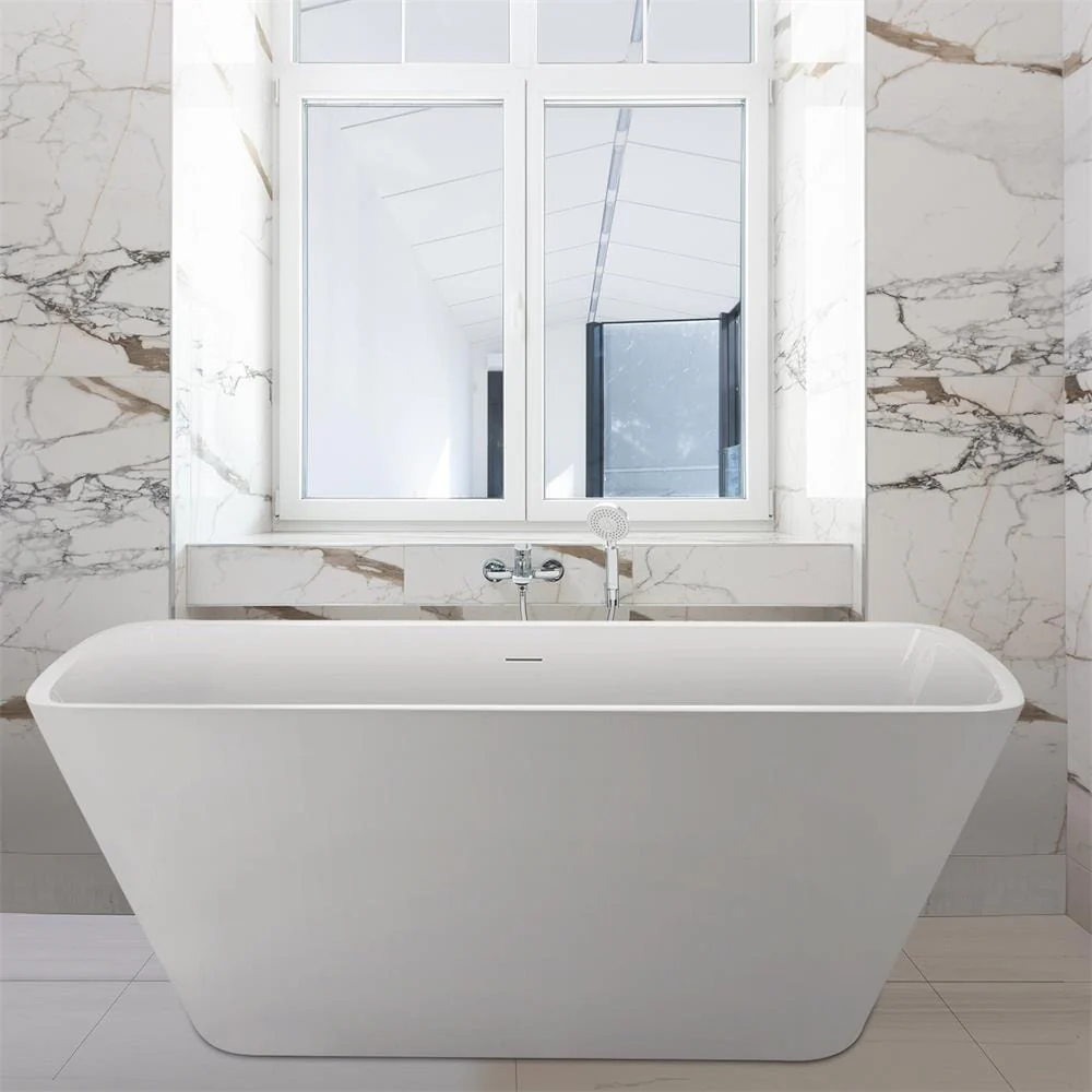 Mokleba 59 Inch Lucite Acrylic Bathtub Trapezoidal Shape Freestanding Soaking Tub Glossy White - Image 3