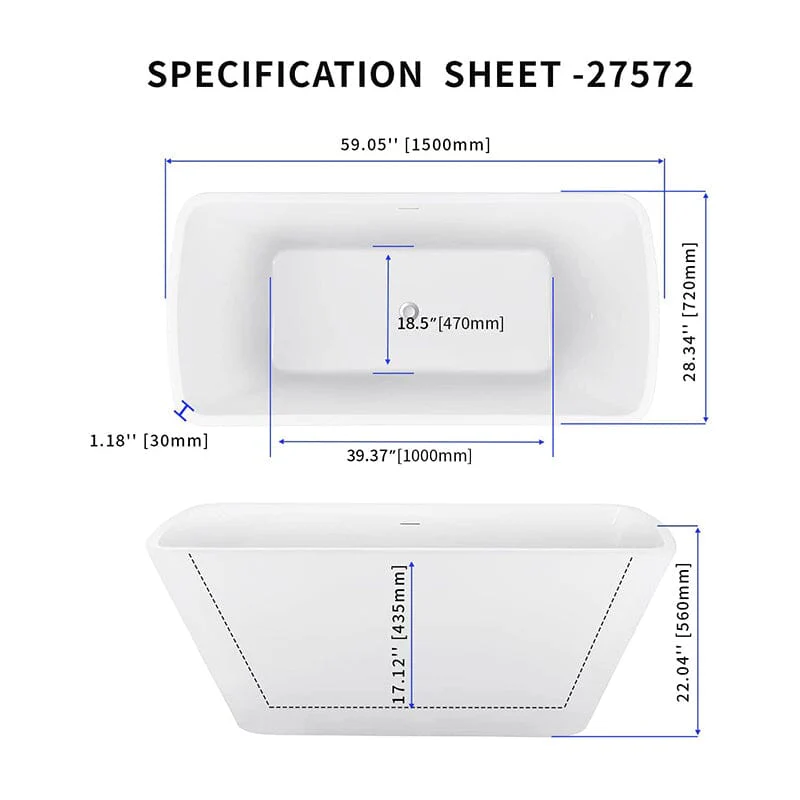 Mokleba 59 Inch Lucite Acrylic Bathtub Trapezoidal Shape Freestanding Soaking Tub Glossy White - Image 9