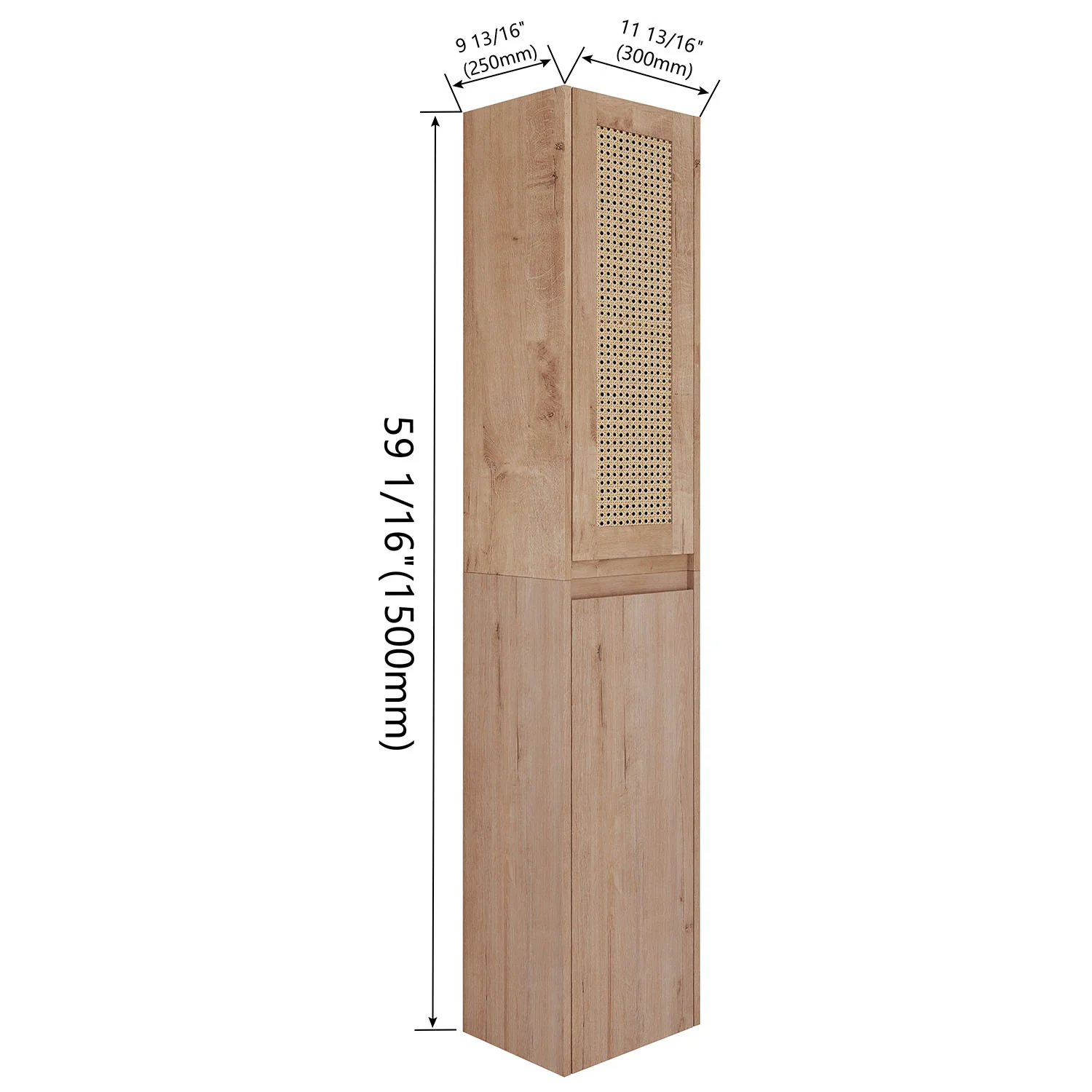 59" Tall White Oak Bathroom Wall Cabinet with Rattan Door and Shelves - Image 4