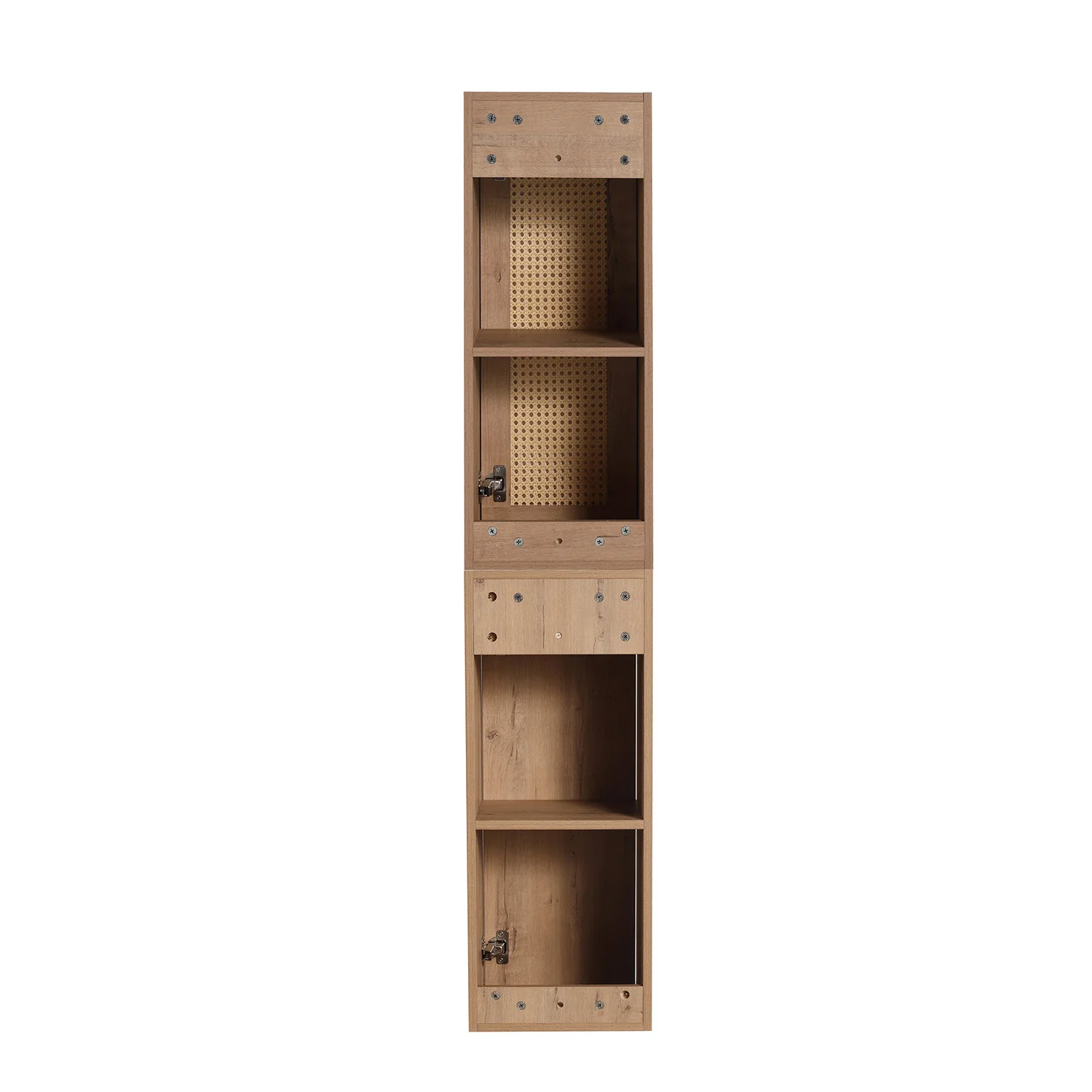 59" Tall White Oak Bathroom Wall Cabinet with Rattan Door and Shelves - Image 5