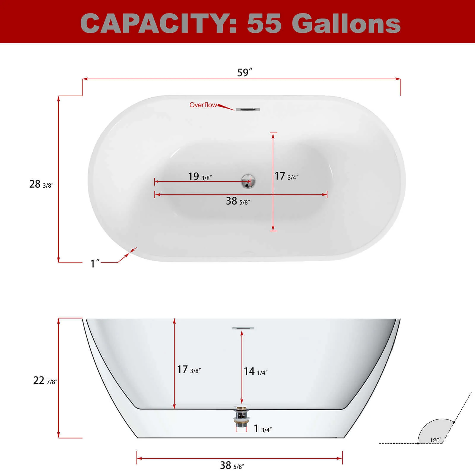 59" White + Black Acrylic Soaking Tub - Image 6