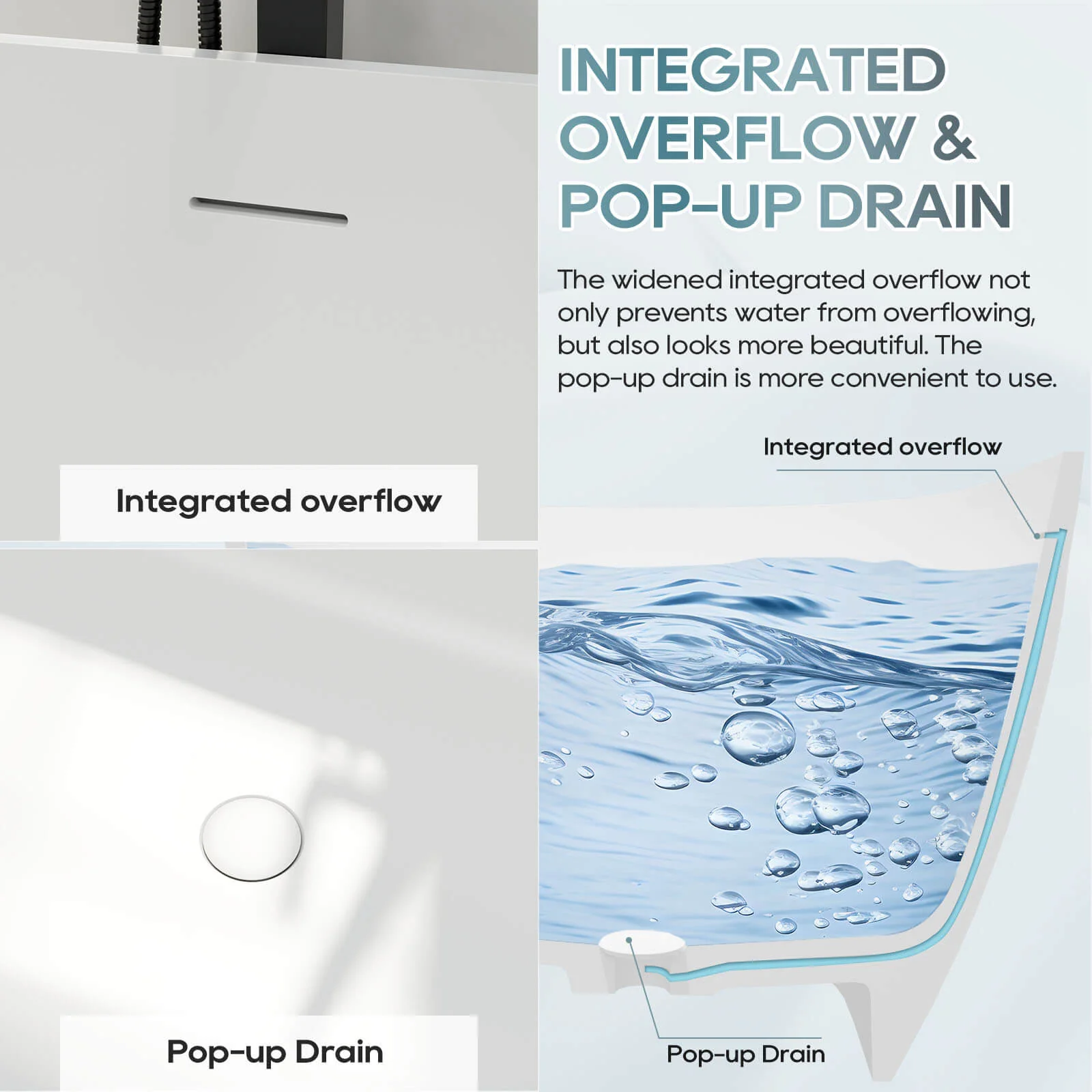59" Modern Freestanding Bathtub, Solid Surface Stone Resin Oval Soaking Tub, Ergonomic Design - Image 10