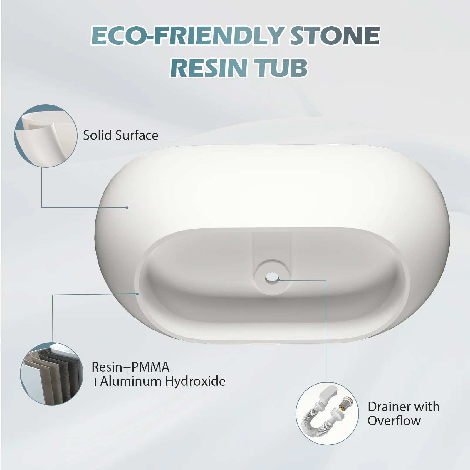 59" Modern Freestanding Bathtub, Solid Surface Stone Resin Oval Soaking Tub, Ergonomic Design - Image 12