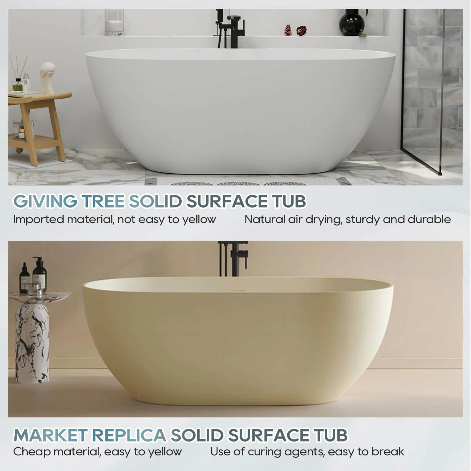 59" Modern Freestanding Bathtub, Solid Surface Stone Resin Oval Soaking Tub, Ergonomic Design - Image 13