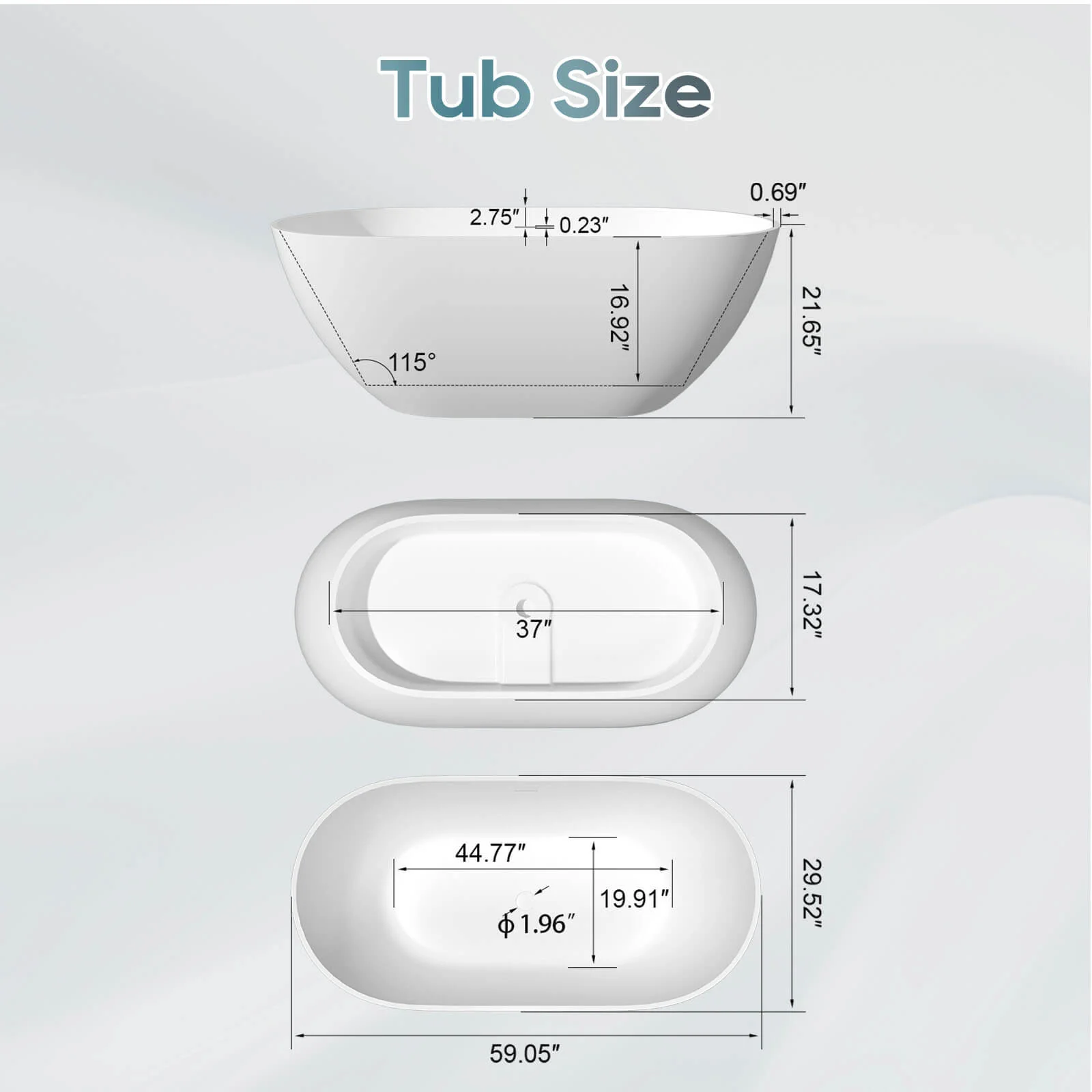 59" Modern Freestanding Bathtub, Solid Surface Stone Resin Oval Soaking Tub, Ergonomic Design - Image 14