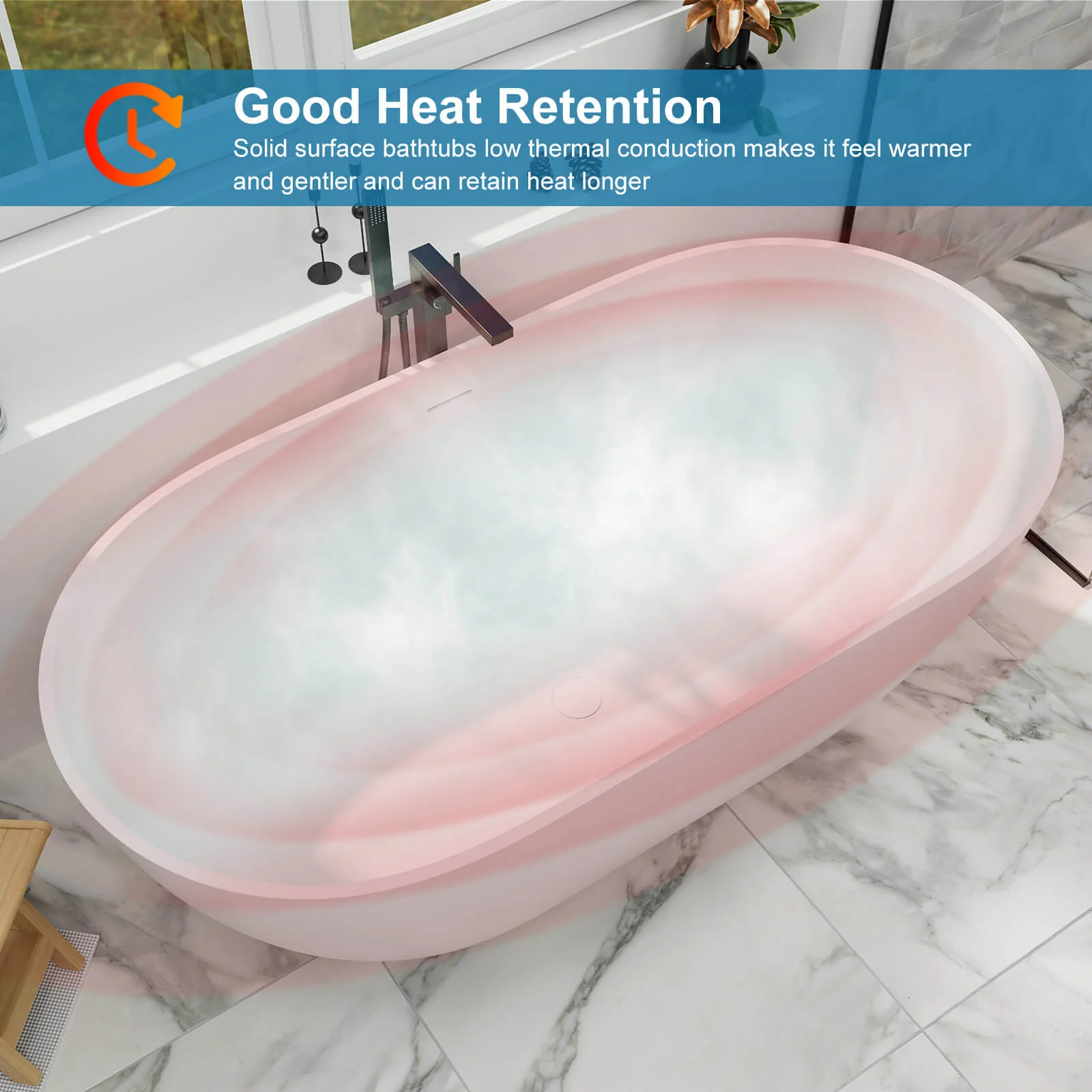 59" Modern Freestanding Bathtub, Solid Surface Stone Resin Oval Soaking Tub, Ergonomic Design - Image 15