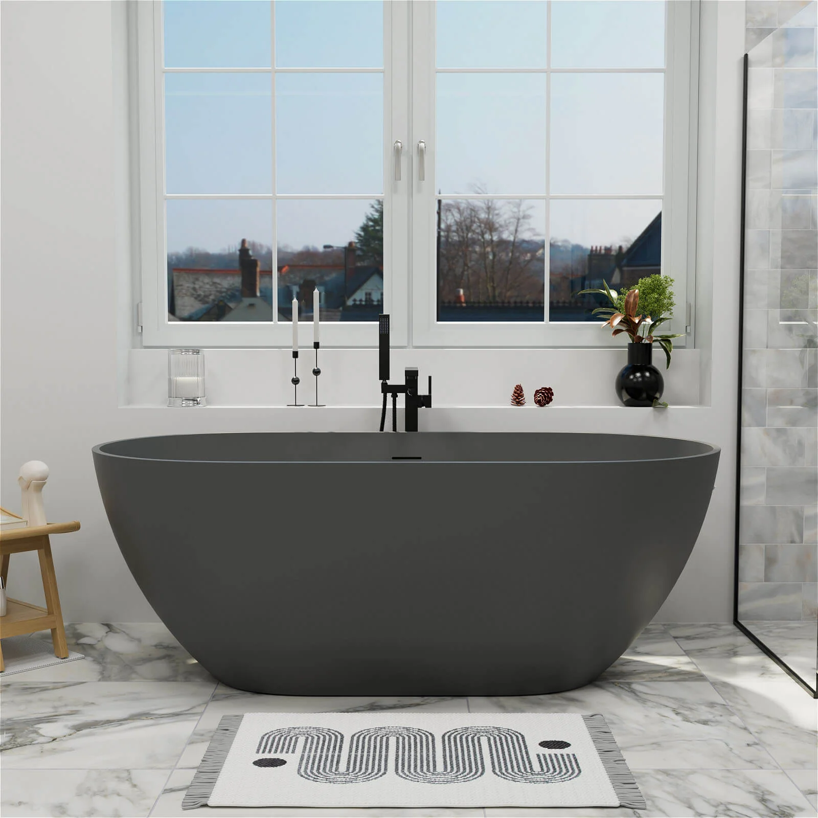 59" Modern Freestanding Bathtub, Solid Surface Stone Resin Oval Soaking Tub, Ergonomic Design - Image 16