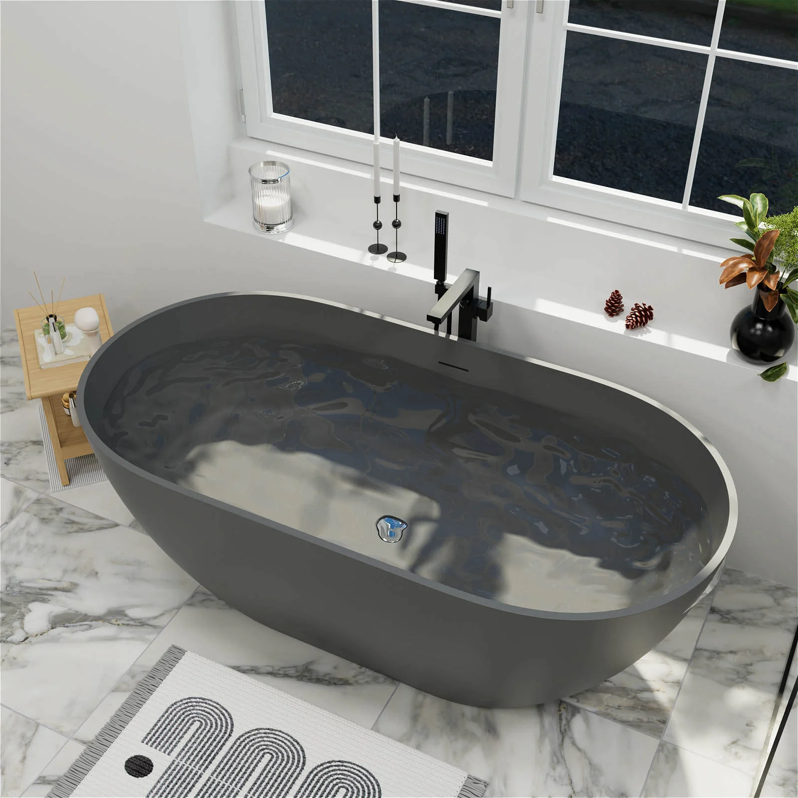59" Modern Freestanding Bathtub, Solid Surface Stone Resin Oval Soaking Tub, Ergonomic Design - Image 17