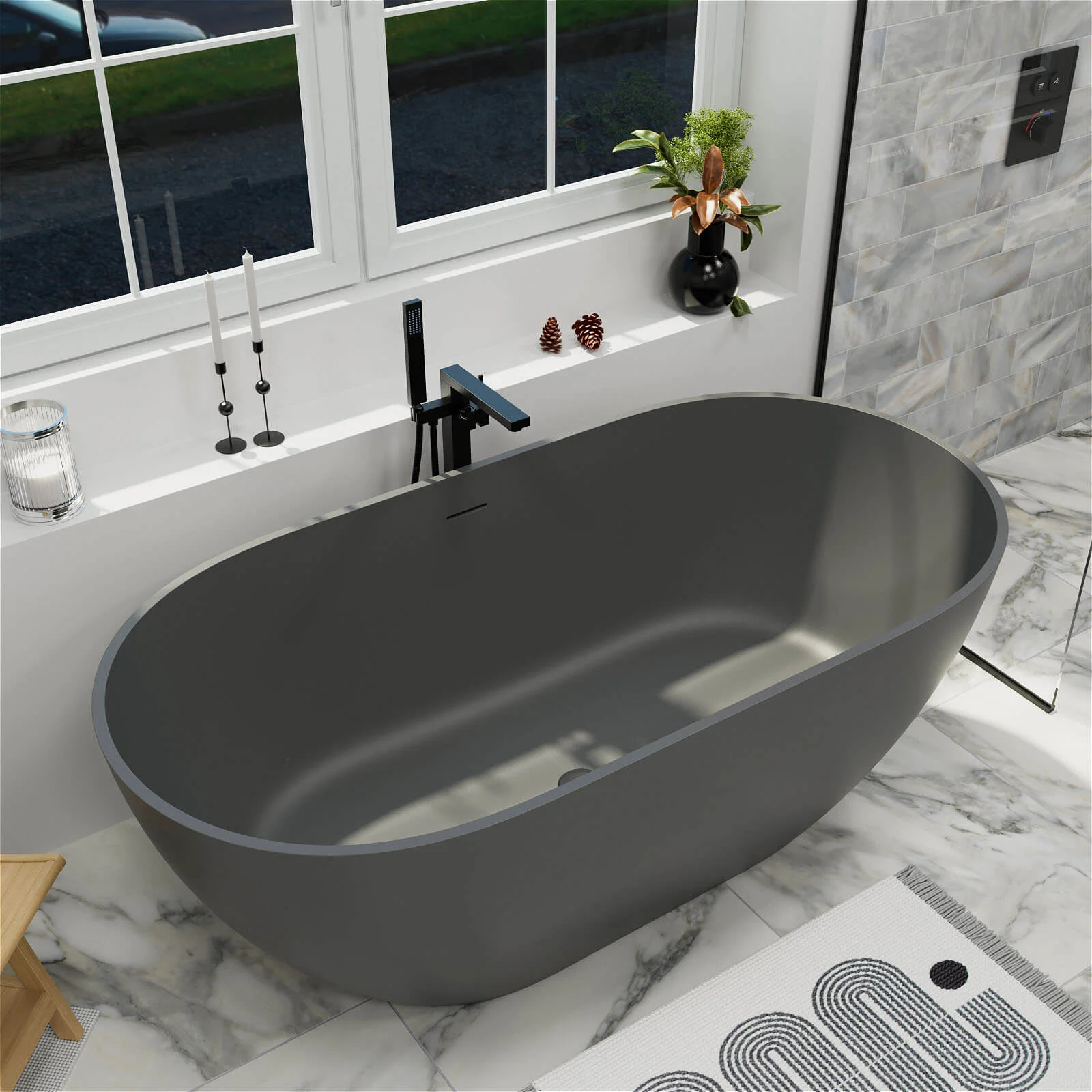 59" Modern Freestanding Bathtub, Solid Surface Stone Resin Oval Soaking Tub, Ergonomic Design - Image 18