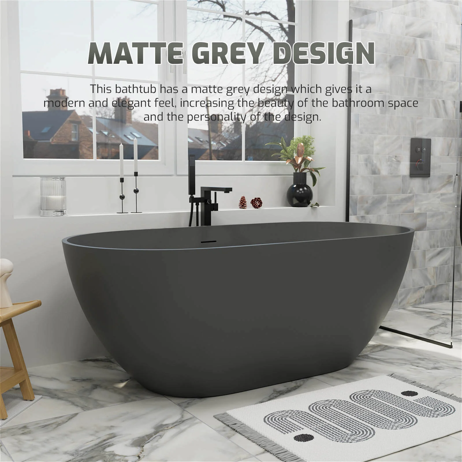 59" Modern Freestanding Bathtub, Solid Surface Stone Resin Oval Soaking Tub, Ergonomic Design - Image 19