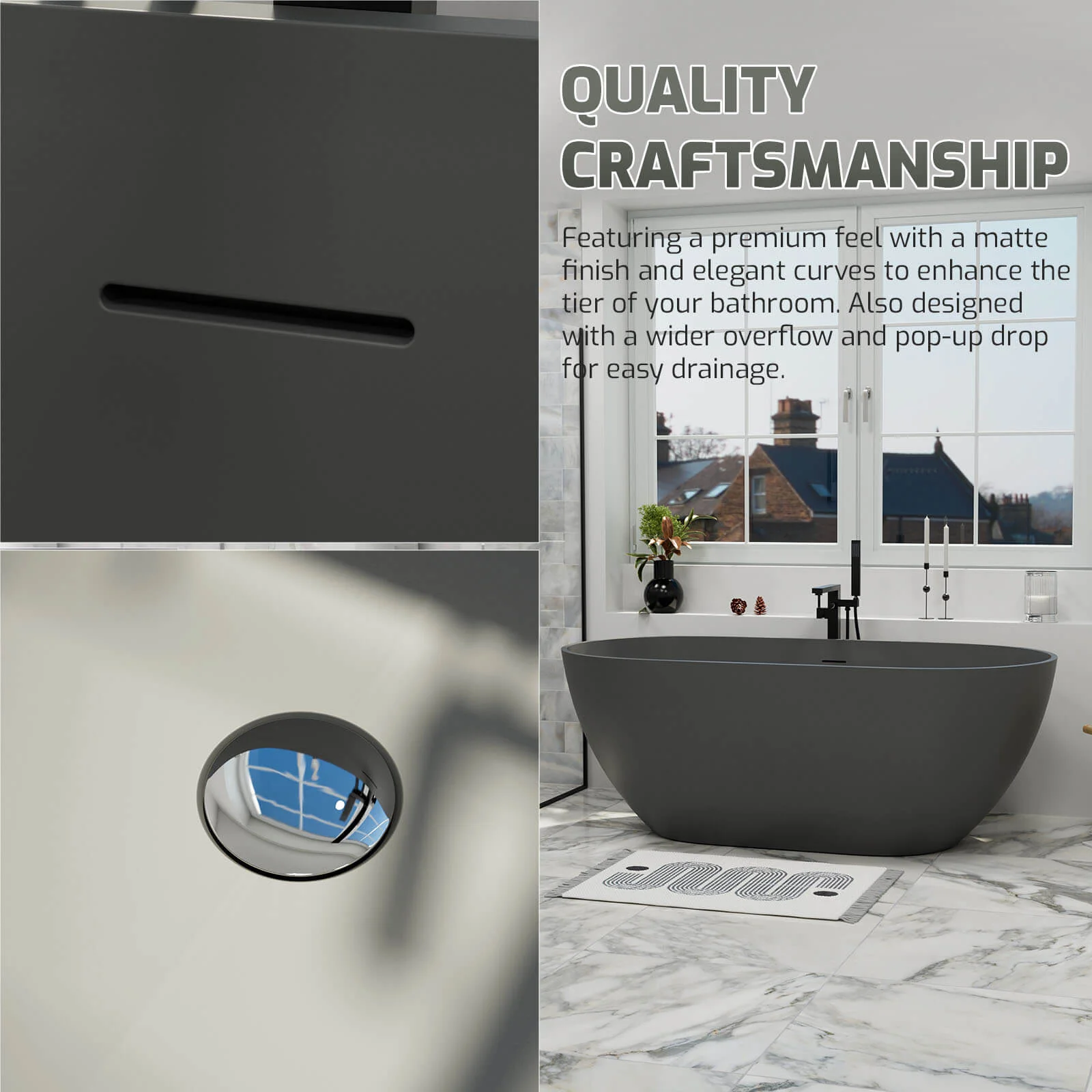 59" Modern Freestanding Bathtub, Solid Surface Stone Resin Oval Soaking Tub, Ergonomic Design - Image 20