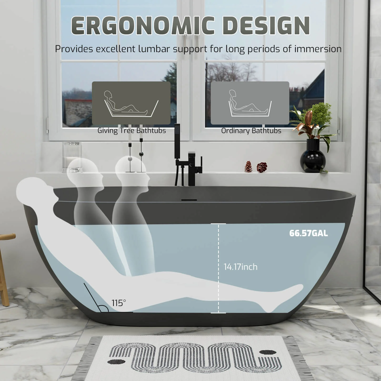 59" Modern Freestanding Bathtub, Solid Surface Stone Resin Oval Soaking Tub, Ergonomic Design - Image 21