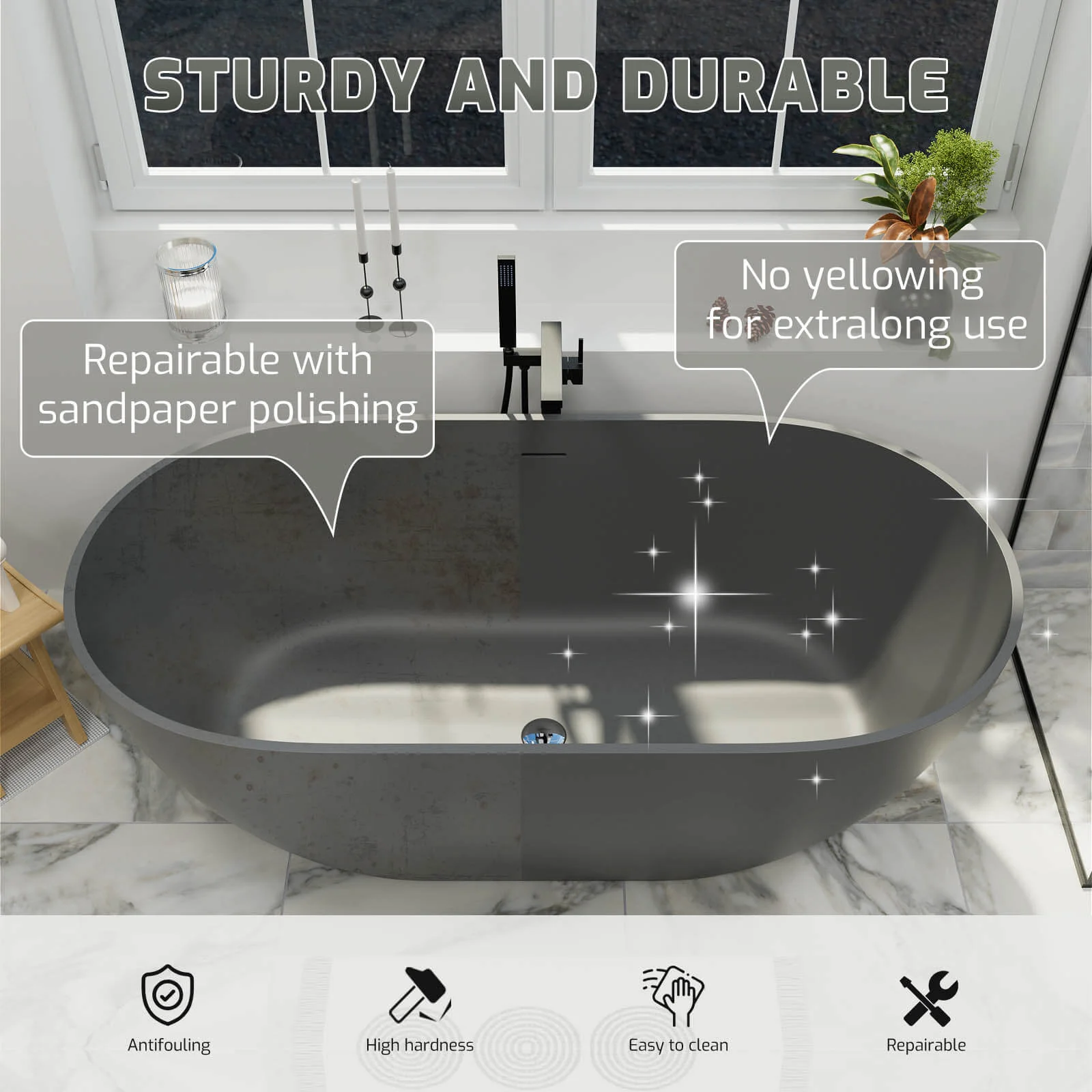 59" Modern Freestanding Bathtub, Solid Surface Stone Resin Oval Soaking Tub, Ergonomic Design - Image 22